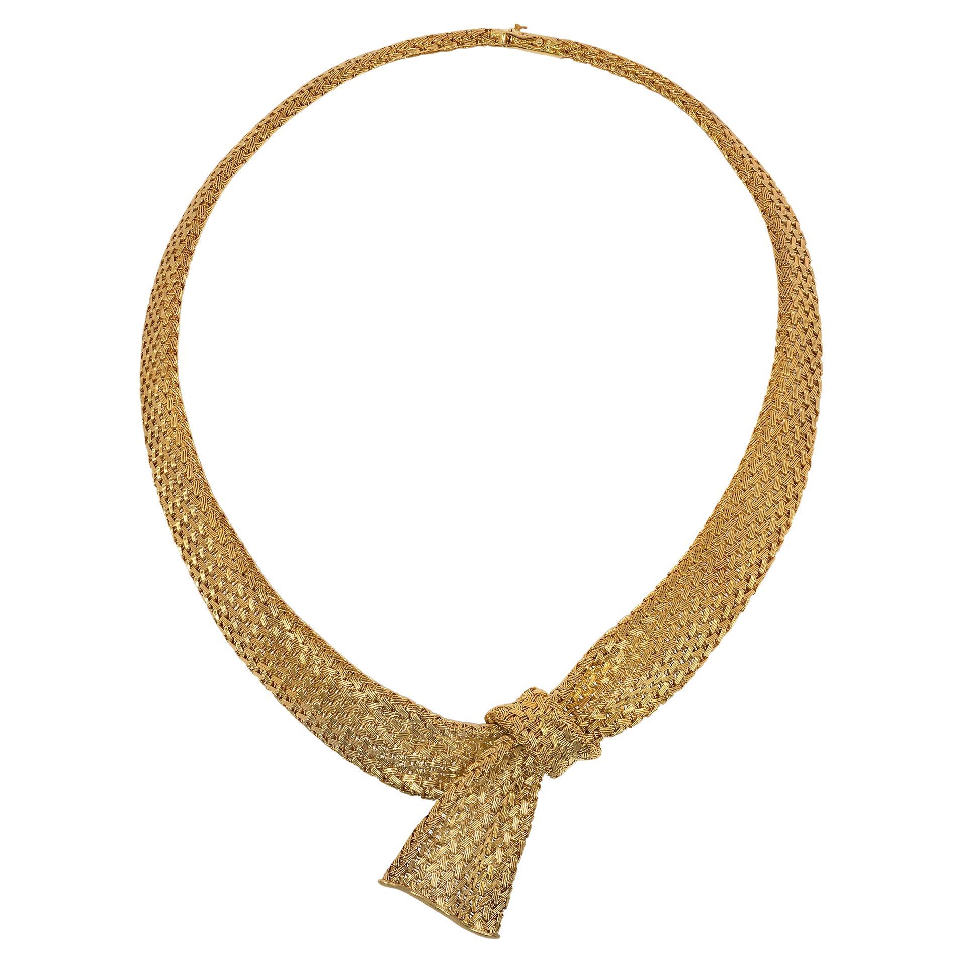 Mid-Century 1950s Woven Gold Ribbon Knot Necklace For Sale