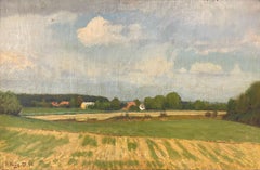Mid-century 1954 pastoral oil painting of village in green, cultivated landscape