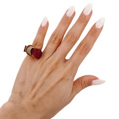 Mid-century 1960 18kt Gold yellow Ring with Pink Tourmaline and Diamonds