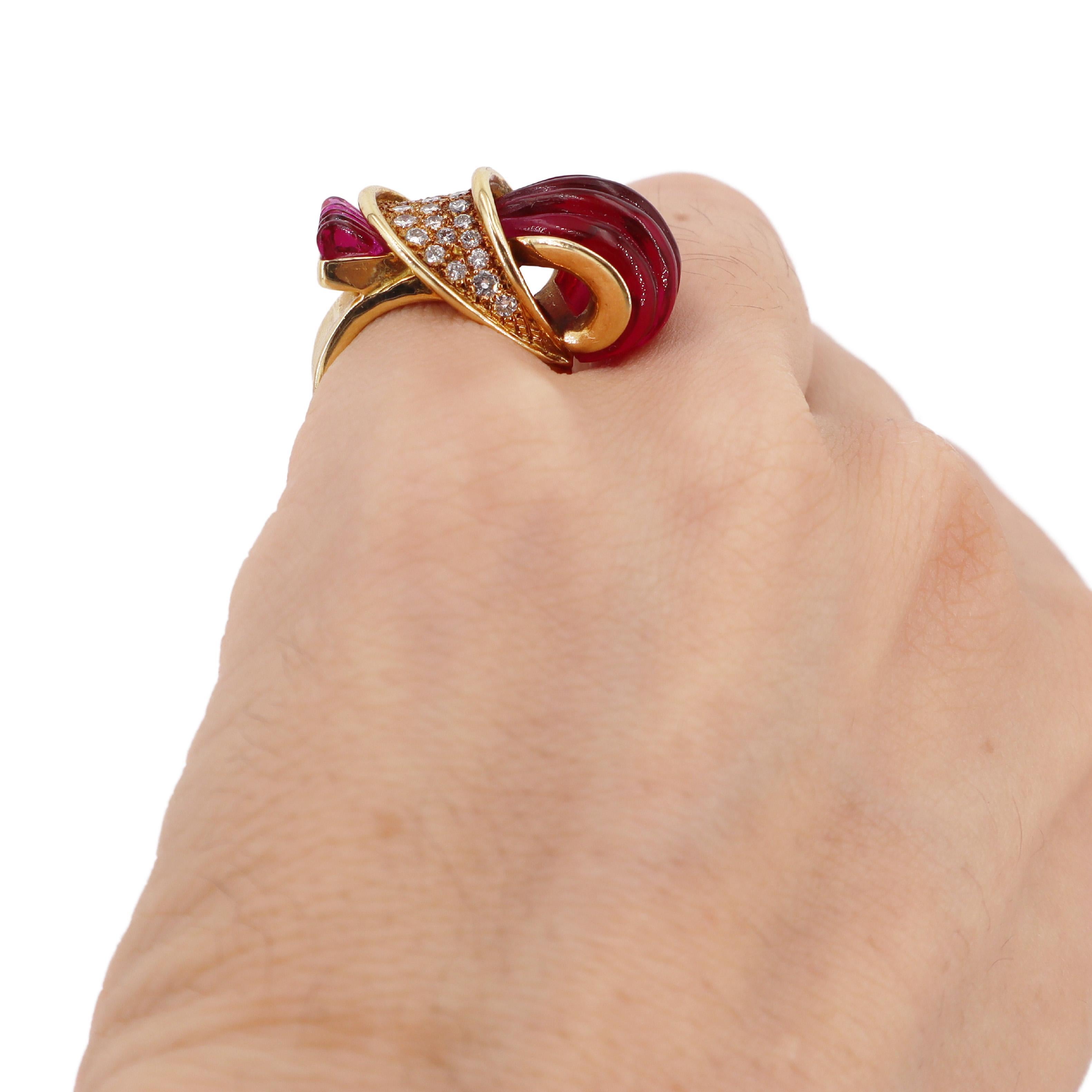 da uomo o donna Anello giallo di metà secolo 1960 in oro 18kt con tormalina rosa e diamanti in vendita