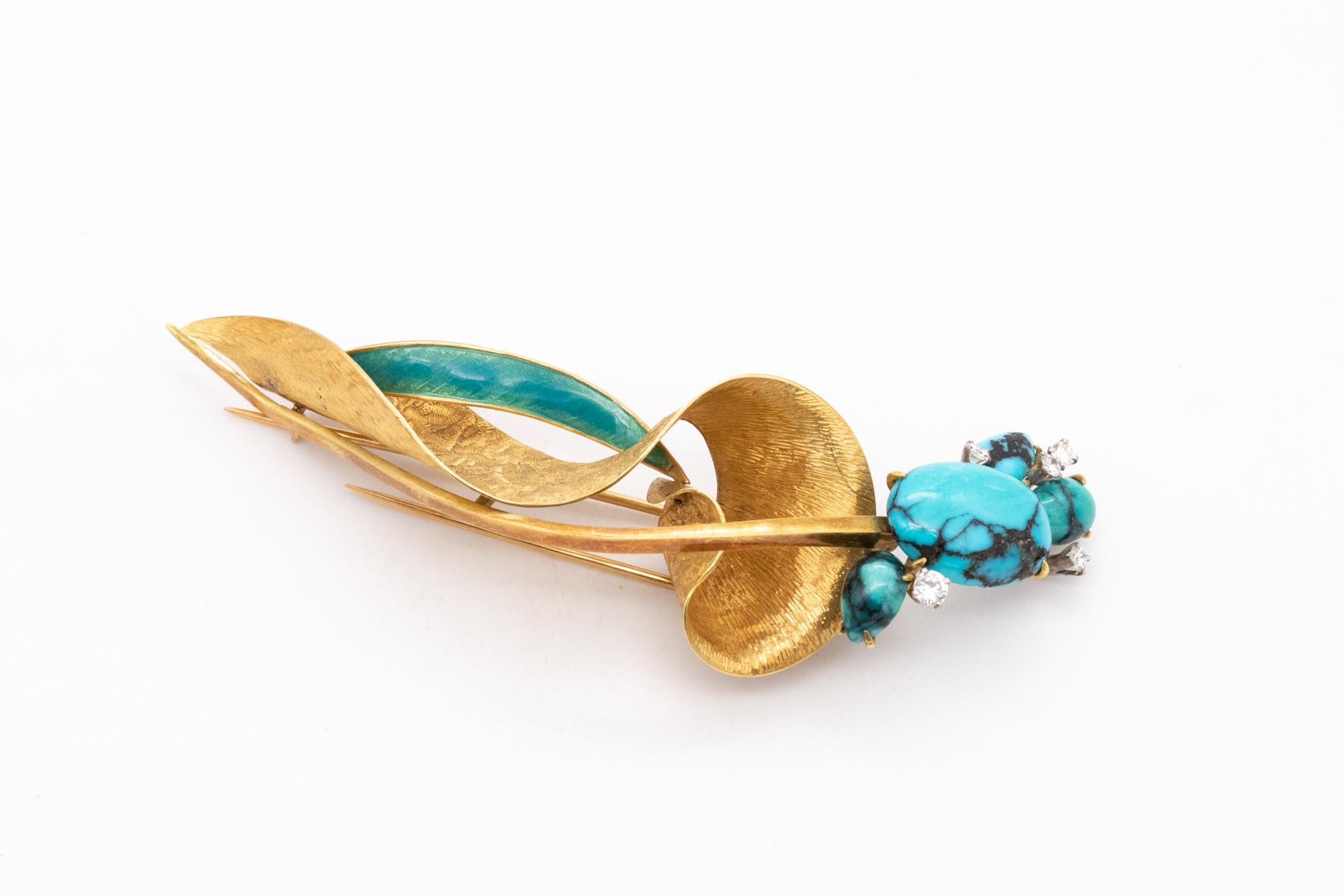 Modernist Mid Century 1960 Abstract Brooch in 18Kt Gold with 8.60 Cts Turquoise & Diamonds For Sale