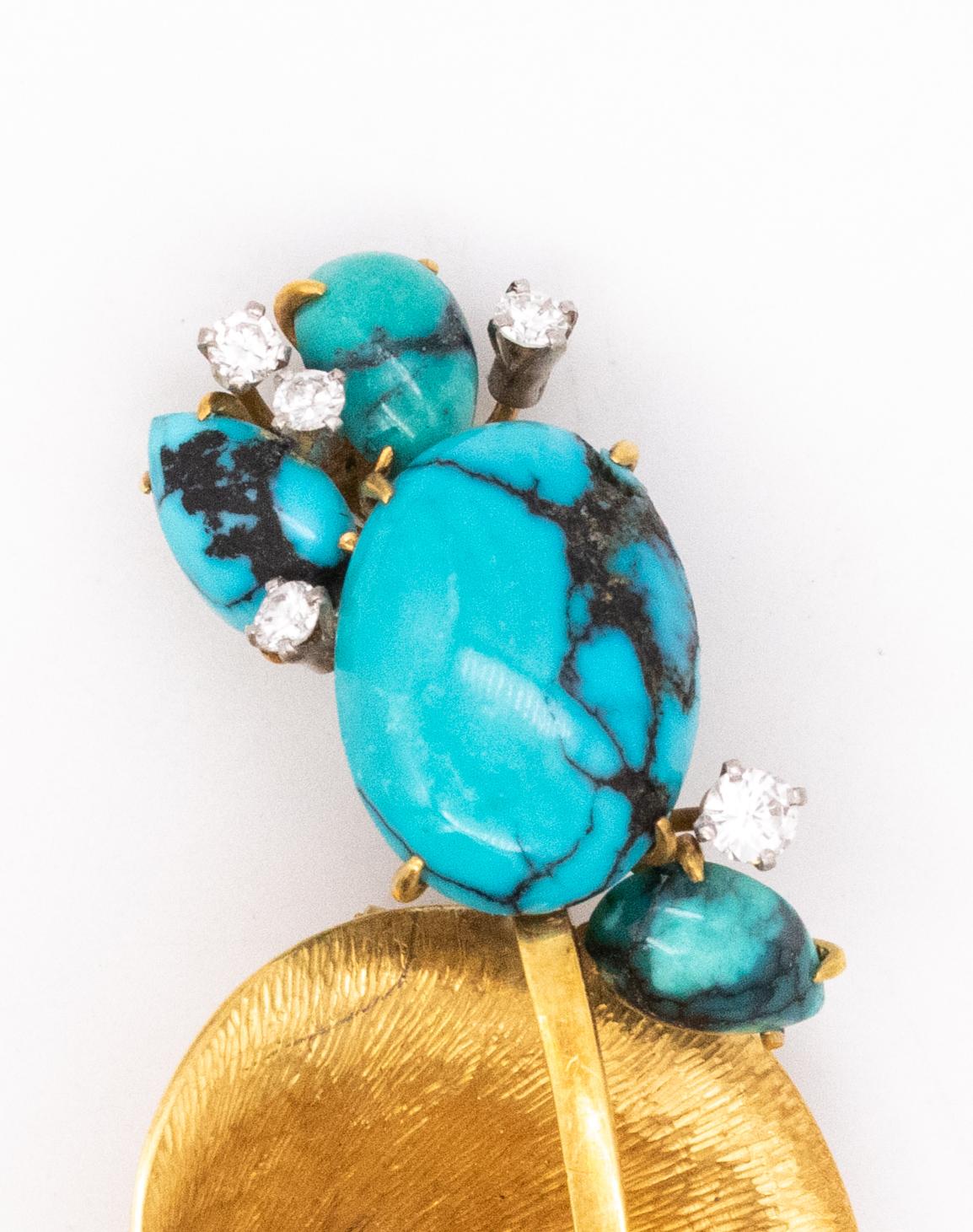 Cabochon Mid Century 1960 Abstract Brooch in 18Kt Gold with 8.60 Cts Turquoise & Diamonds For Sale