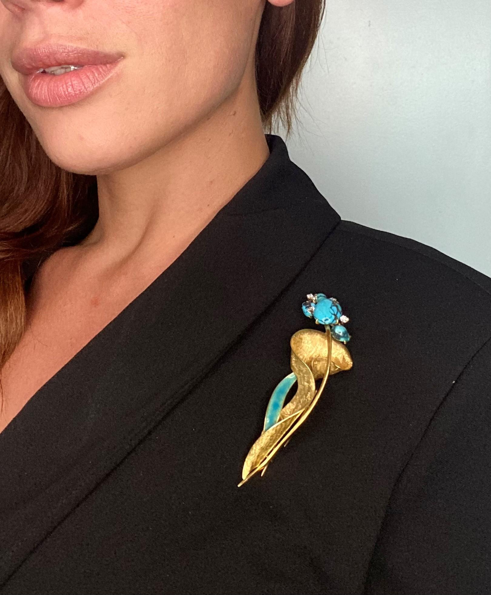 Mid Century 1960 Abstract Brooch in 18Kt Gold with 8.60 Cts Turquoise & Diamonds In Excellent Condition For Sale In Miami, FL