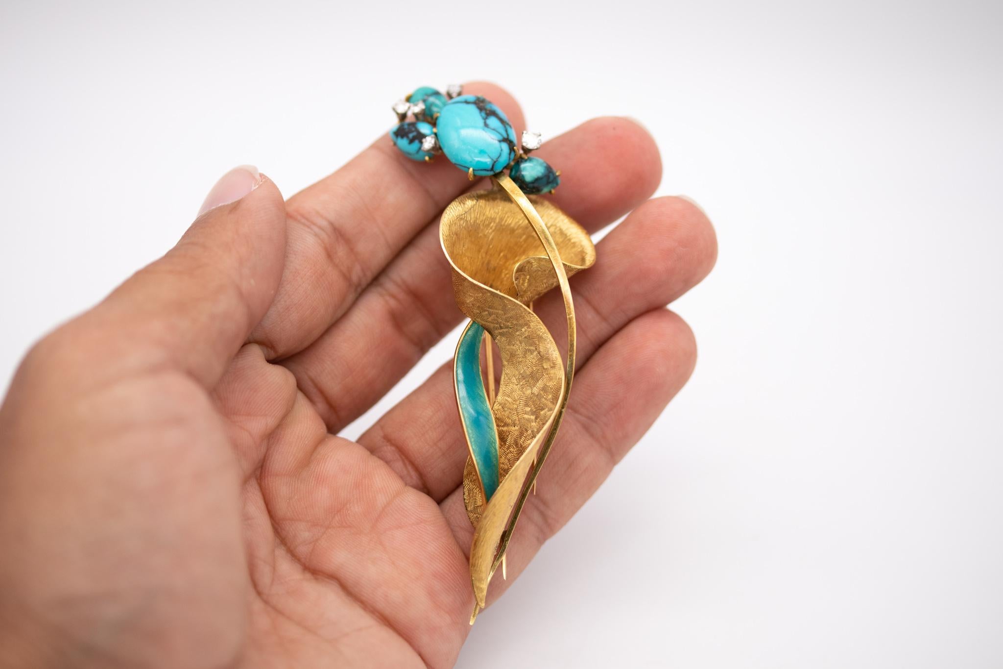 Women's Mid Century 1960 Abstract Brooch in 18Kt Gold with 8.60 Cts Turquoise & Diamonds For Sale