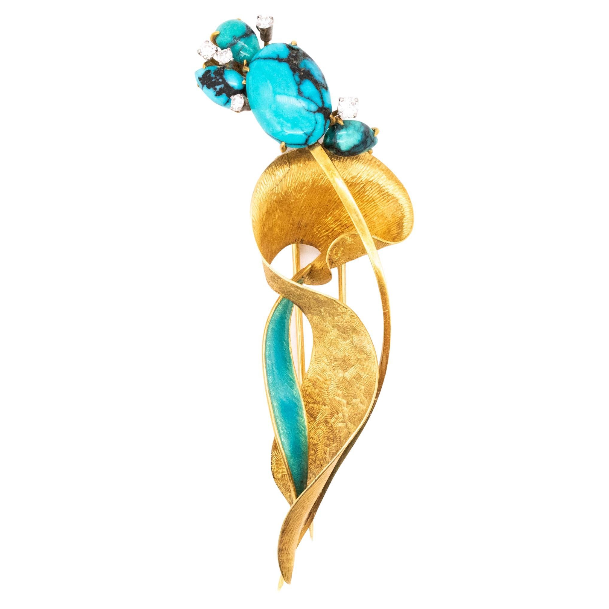 Mid Century 1960 Abstract Brooch in 18Kt Gold with 8.60 Cts Turquoise & Diamonds For Sale