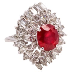 Mid Century 1960 Cluster Cocktail Ring 14Kt Gold 7.06 Cts In Diamonds Red Spinel