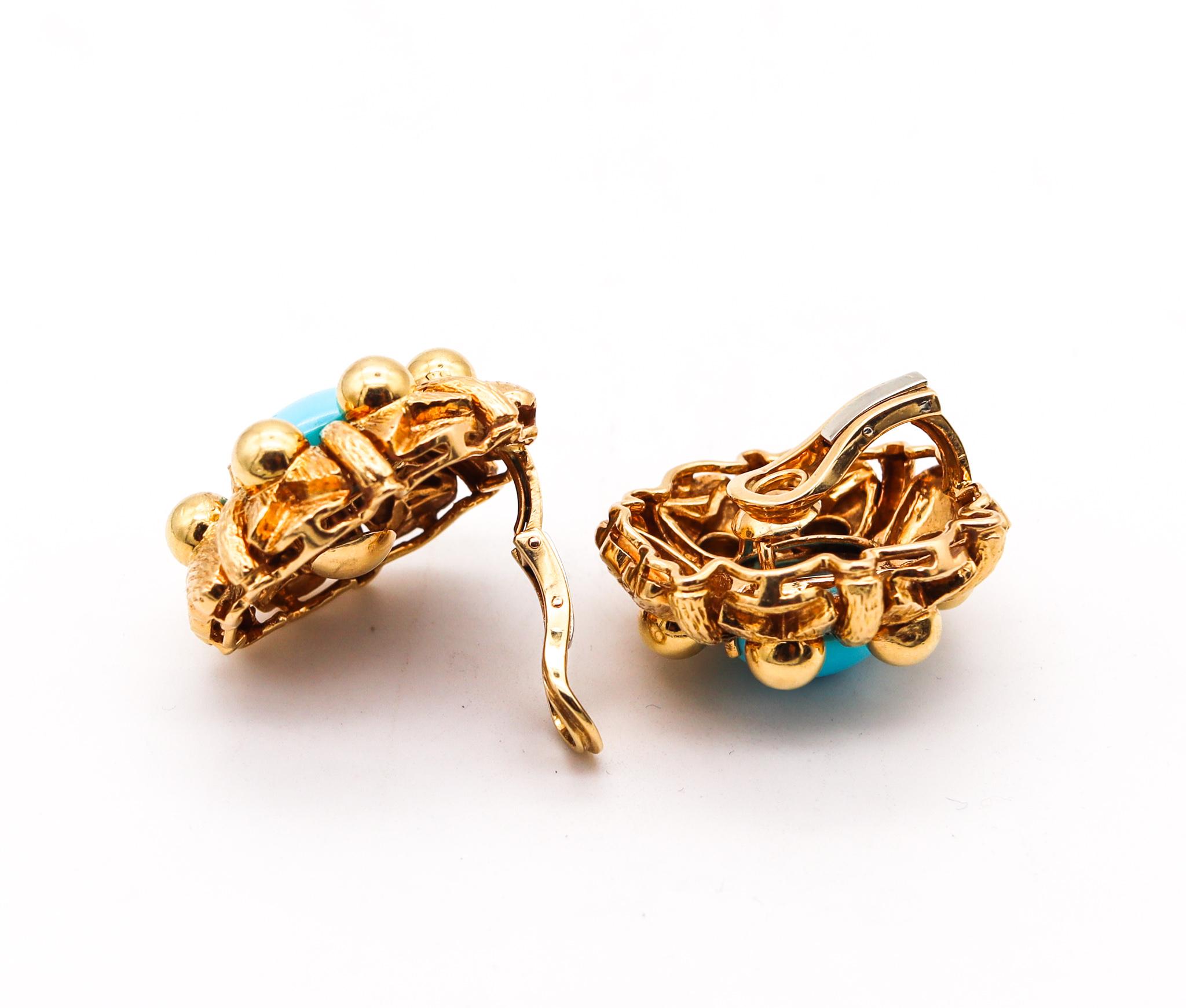 Modernist Mid Century 1960 Cocktail Earrings In 18Kt Gold With Sleeping Beauty Turquoises