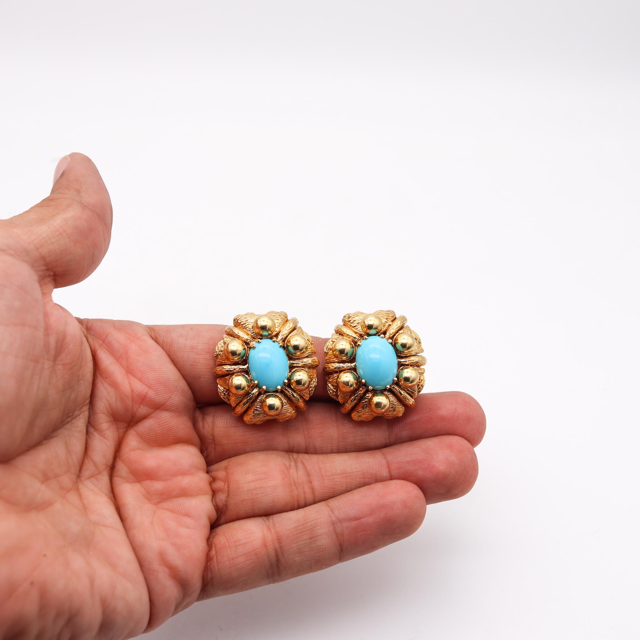 Cabochon Mid Century 1960 Cocktail Earrings In 18Kt Gold With Sleeping Beauty Turquoises