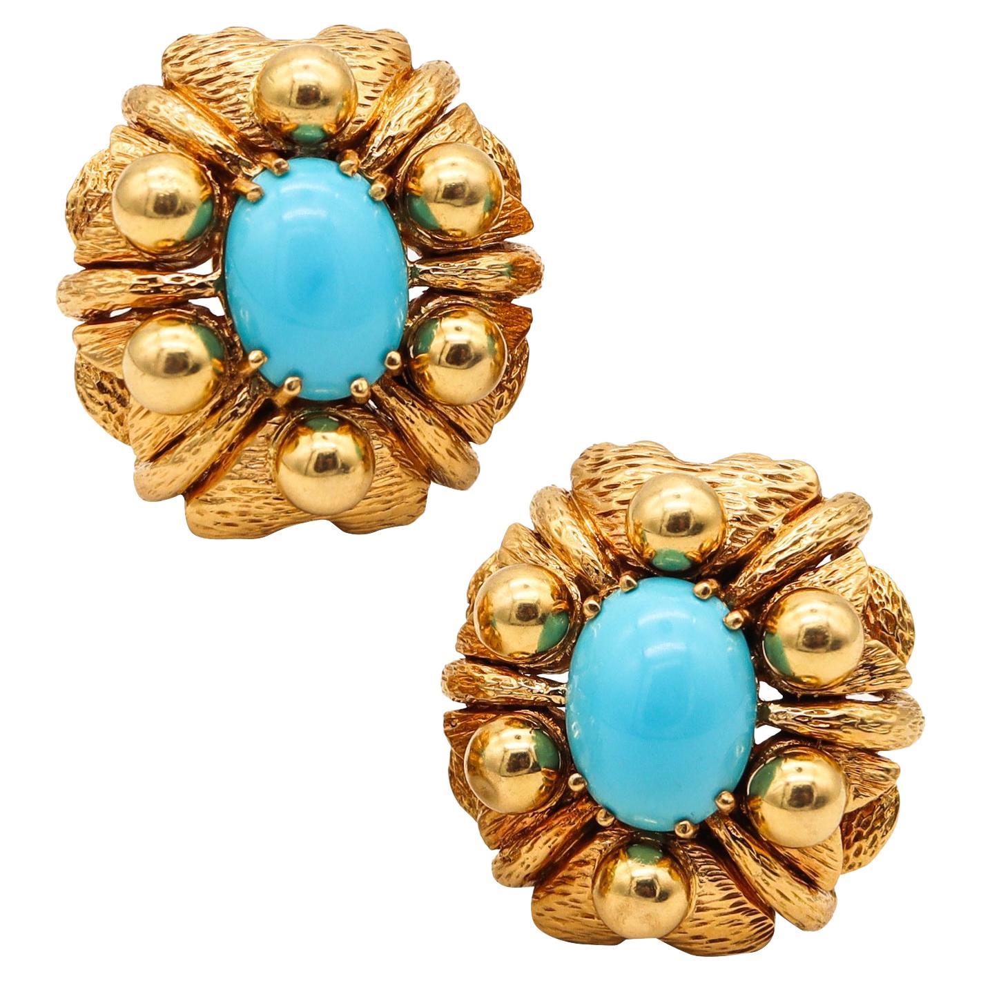 Mid Century 1960 Cocktail Earrings In 18Kt Gold With Sleeping Beauty Turquoises