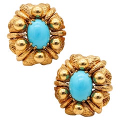 Vintage Mid Century 1960 Cocktail Earrings In 18Kt Gold With Sleeping Beauty Turquoises