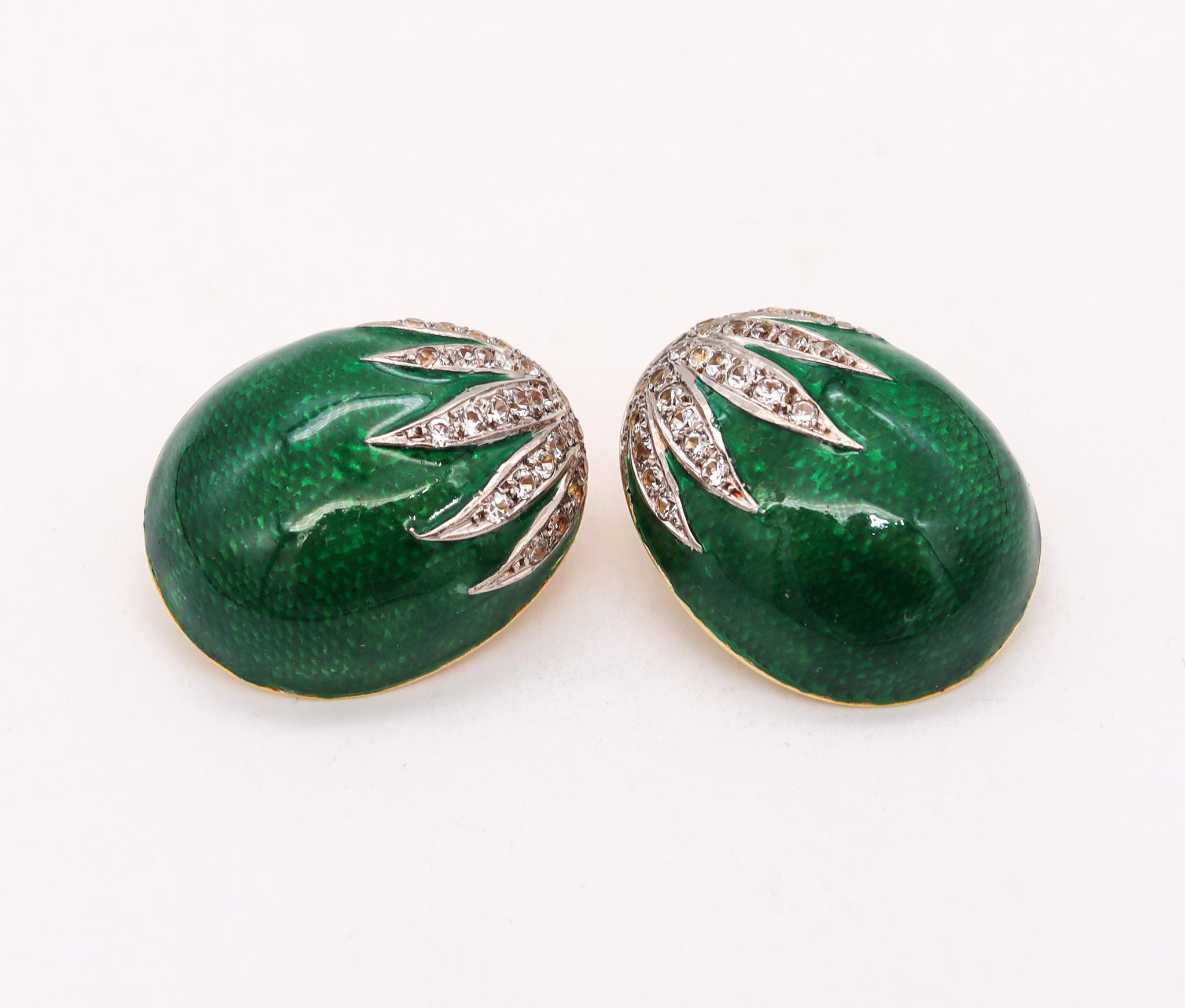 Enameled clip earrings with diamonds.

Colorful pieces, created in Italy during the late mid-century period, circa 1960's. These clip-on earrings has been crafted in solid yellow gold of 18 karats and embellished with applications of hot green