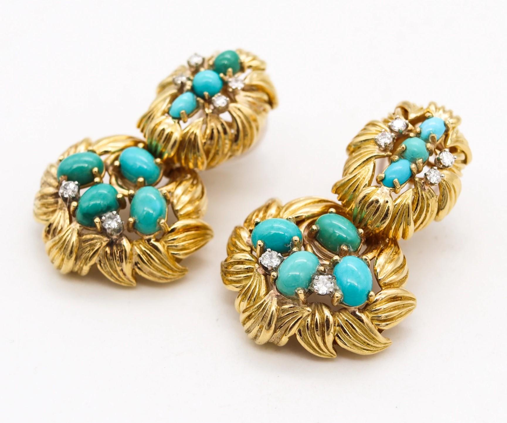 Modernist Mid Century 1960 Drop Earrings in 18Kt Gold with 7.89 Ctw Turquoises & Diamonds For Sale