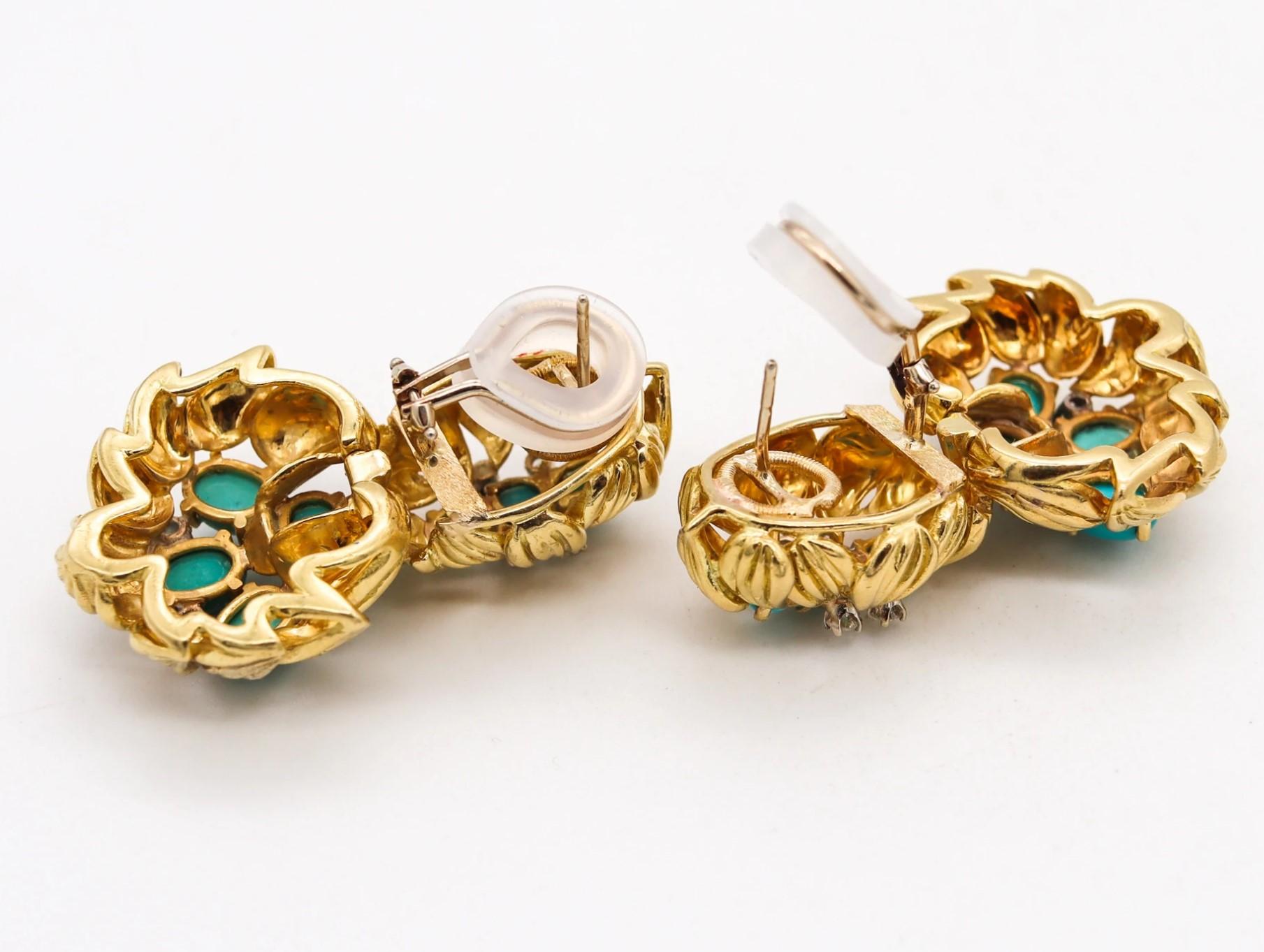 Cabochon Mid Century 1960 Drop Earrings in 18Kt Gold with 7.89 Ctw Turquoises & Diamonds For Sale