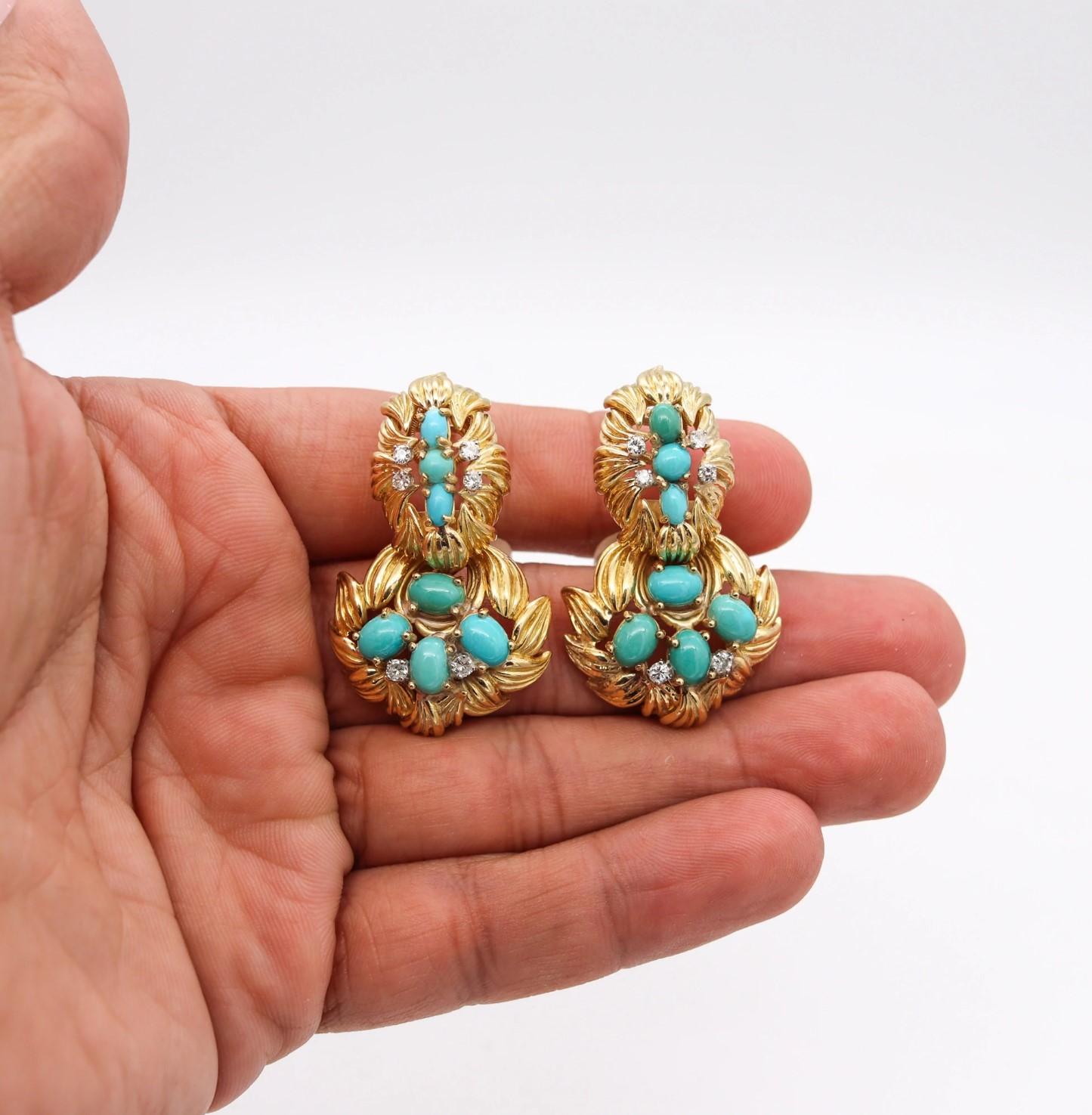 Mid Century 1960 Drop Earrings in 18Kt Gold with 7.89 Ctw Turquoises & Diamonds In Excellent Condition For Sale In Miami, FL