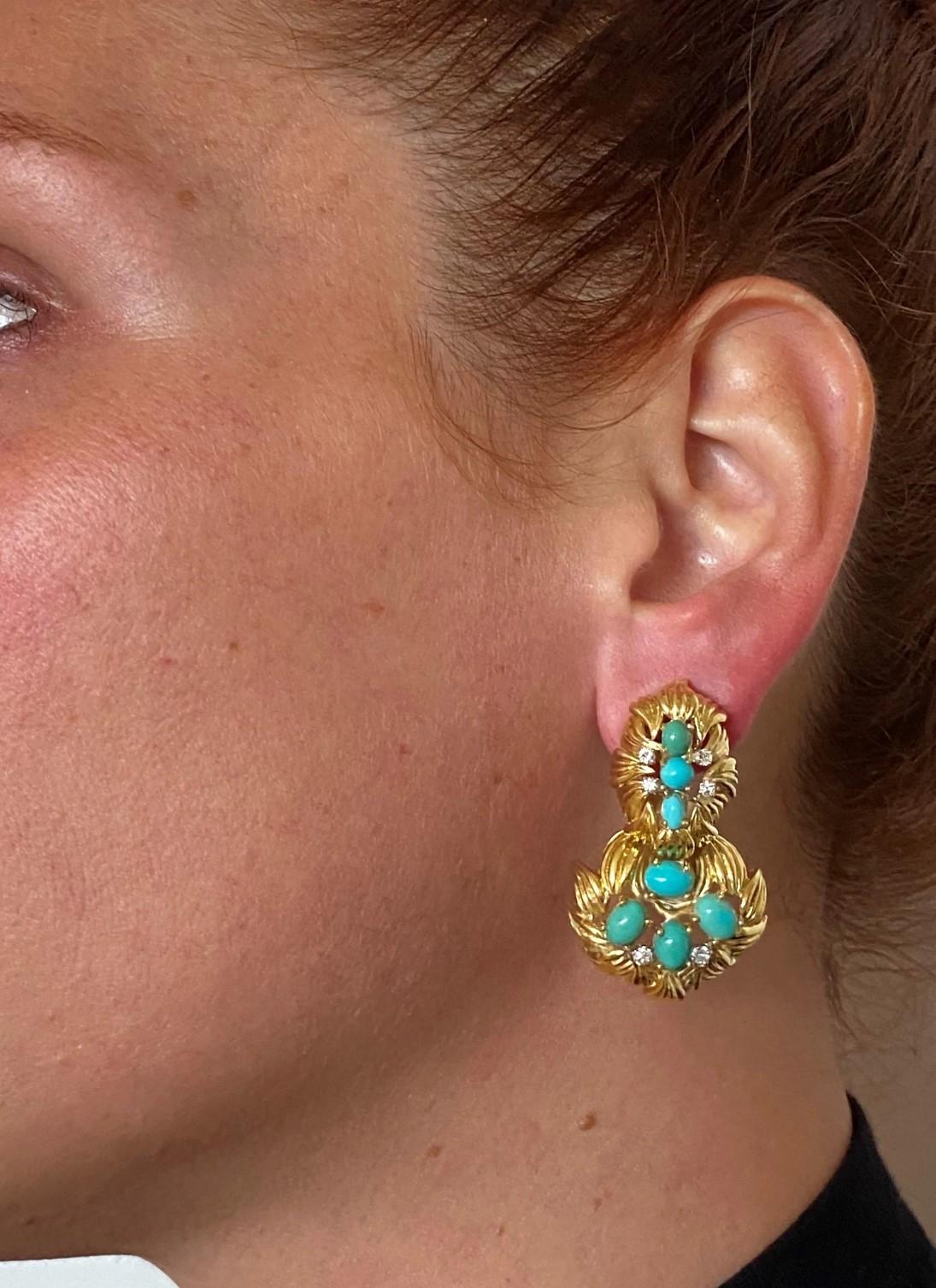 Women's Mid Century 1960 Drop Earrings in 18Kt Gold with 7.89 Ctw Turquoises & Diamonds For Sale