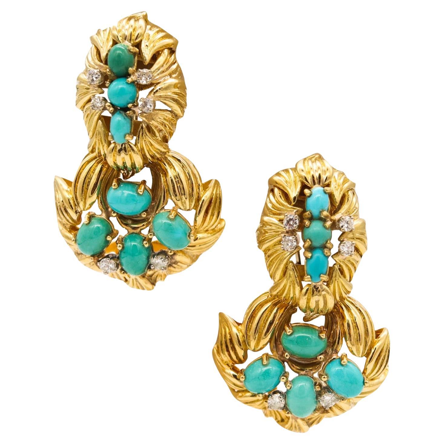 Mid Century 1960 Drop Earrings in 18Kt Gold with 7.89 Ctw Turquoises & Diamonds