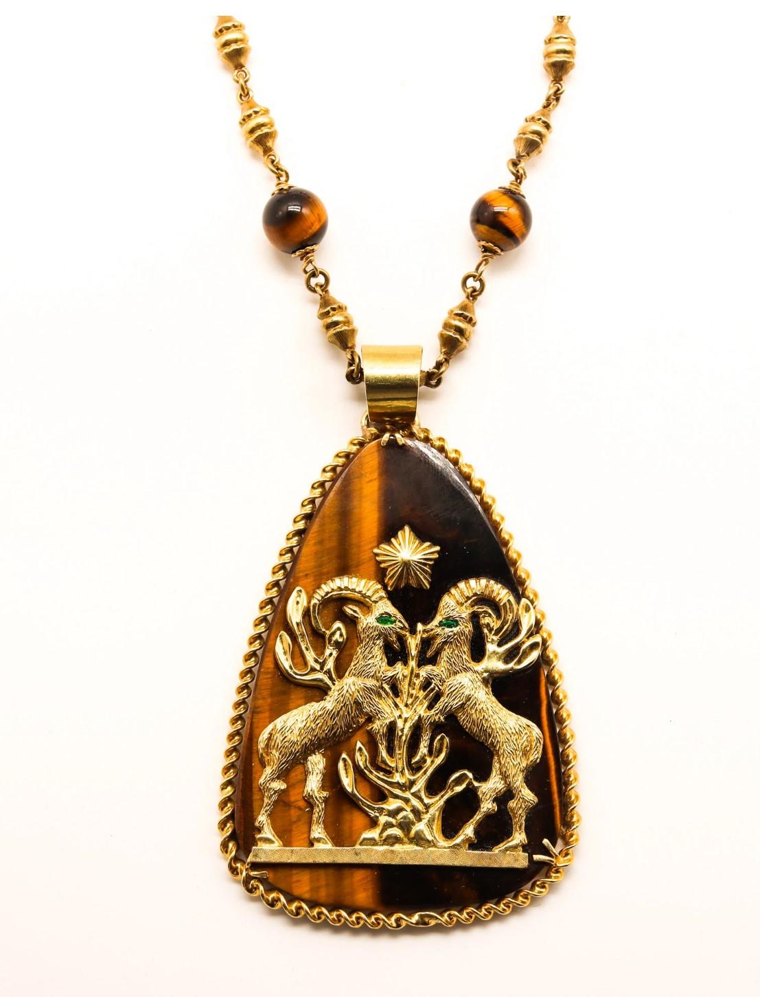 Capricorn Zodiac Necklace Sautoir.

Beautiful highly decorated piece, created in Vicenza Italy, back in the 1960's. This long sautoir necklace was carefully crafted in solid yellow gold of 18 karats, with highly textured details. It is suited with a