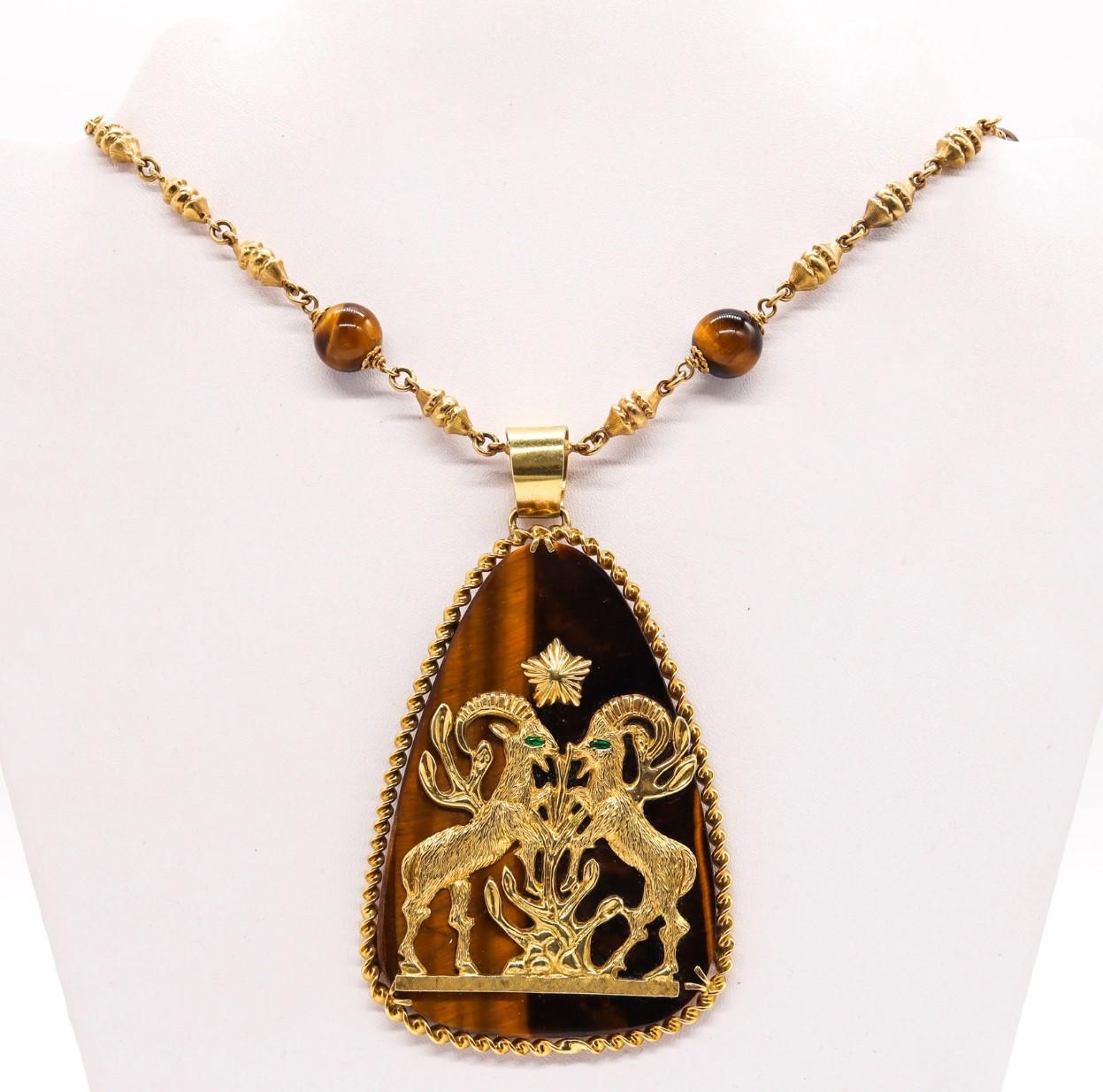 Women's or Men's Mid-Century 1960 Italian Capricorn Zodiac Necklace 18Kt Gold Tiger Eye & Emerald