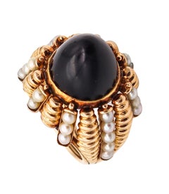 MEDIO SIGLO 1960 Anillo Modernista Italiano En Oro Amarillo De 18Kt Con Perlas