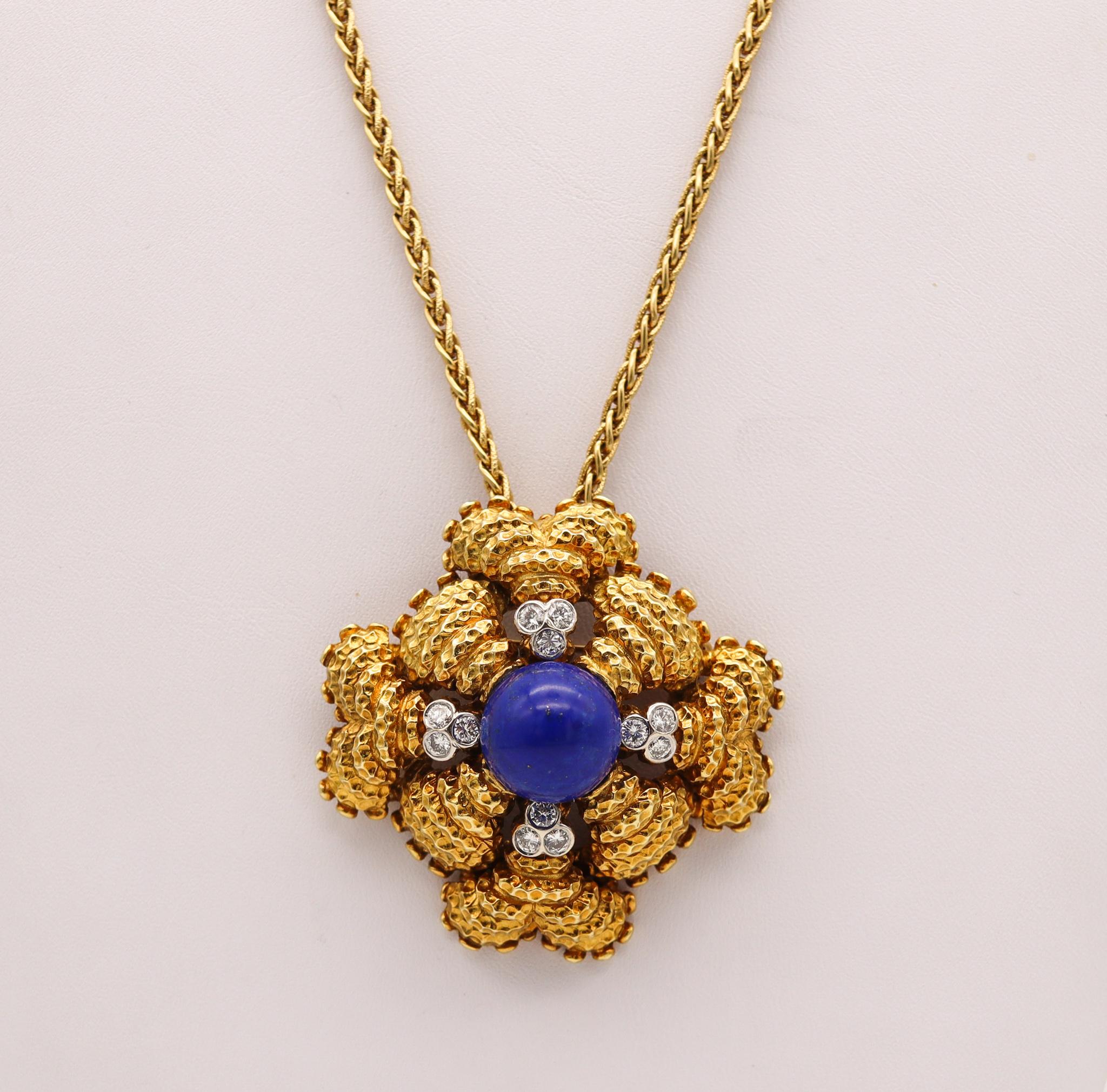 Mid Century 1960 Maltese Pendant Brooch 18Kt Gold 21.73 Ctw Diamonds and Lapis In Excellent Condition For Sale In Miami, FL