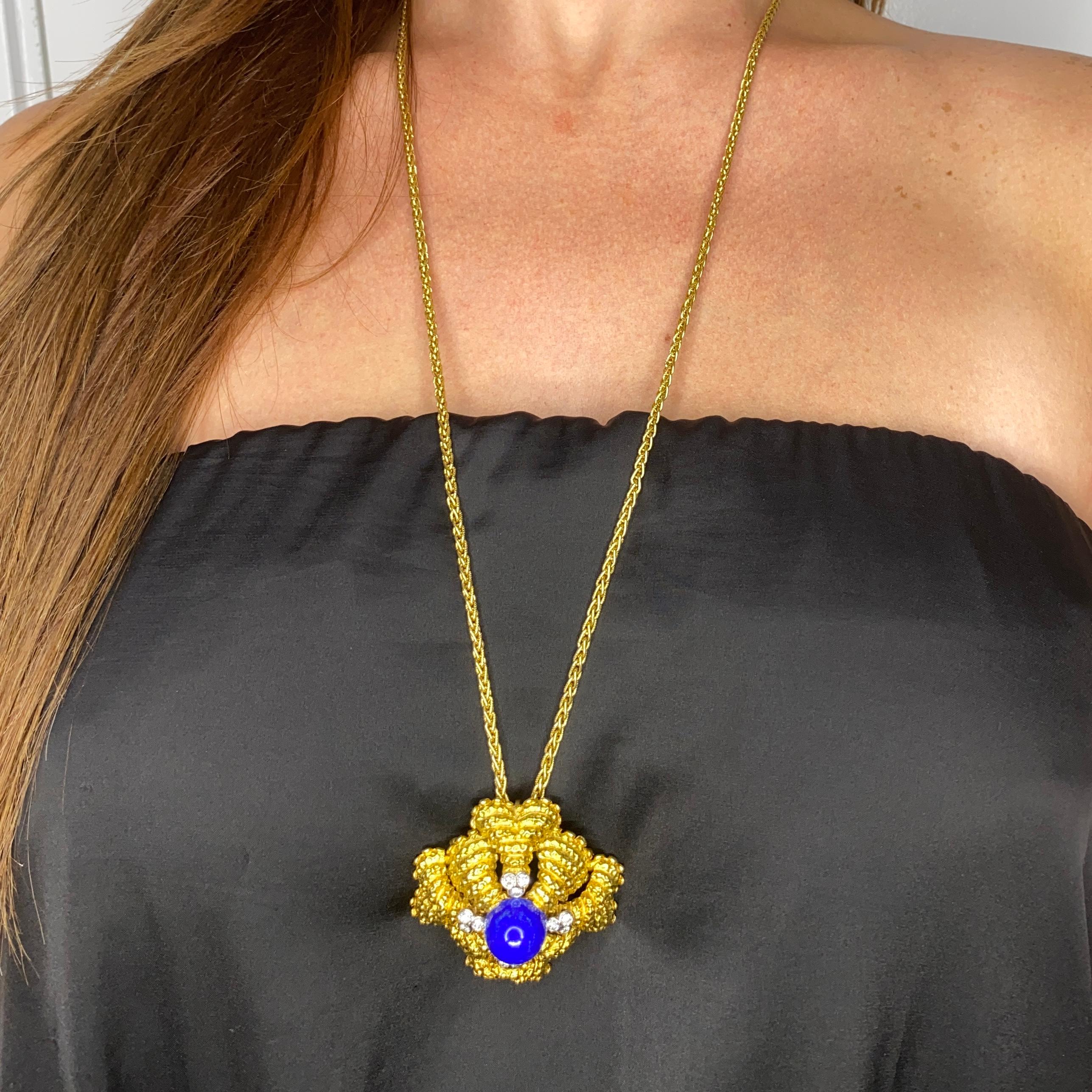 Mid Century 1960 Maltese Pendant Brooch 18Kt Gold 21.73 Ctw Diamonds and Lapis For Sale 1