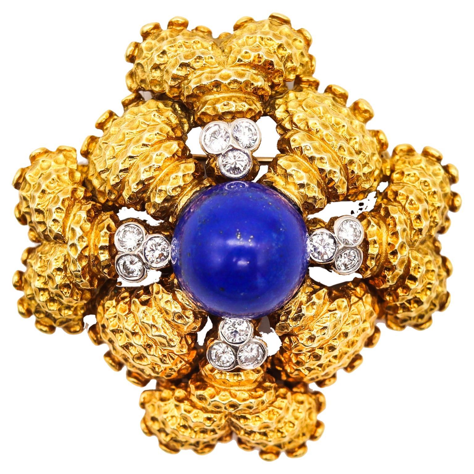 Mid Century 1960 Maltese Pendant Brooch 18Kt Gold 21.73 Ctw Diamonds and Lapis For Sale
