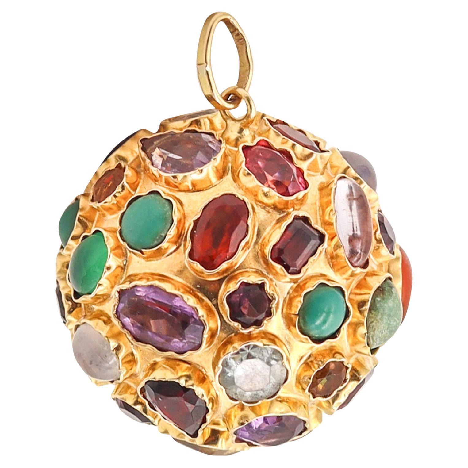 MID CENTURY 1960 Massive Ball Pendant Charm In 18Kt Gold With Gemstones