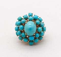 Anillo modernista de racimo de oro de 14 quilates de mediados de siglo de 1960 con 25,56 quilates de turquesa