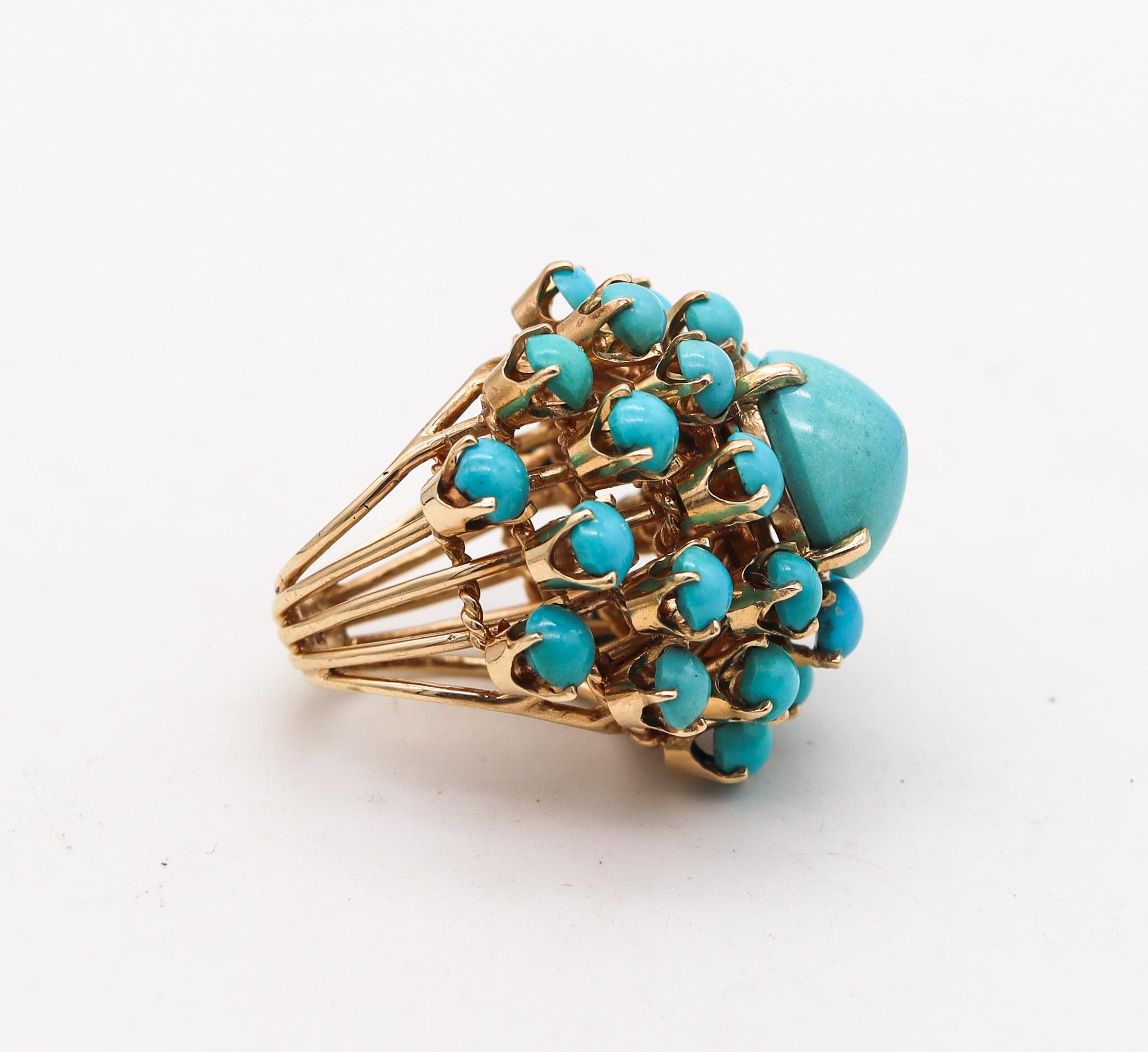 Cabochon Mid Century 1960 Modernist Cluster Ring In 14Kt Gold With 25.56 Ctw In Turquoise For Sale