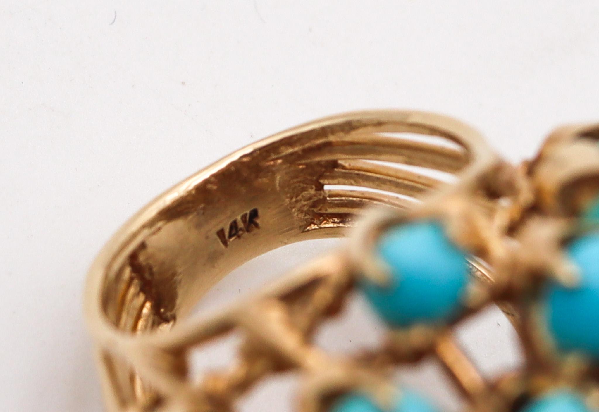 Women's Mid Century 1960 Modernist Cluster Ring In 14Kt Gold With 25.56 Ctw In Turquoise For Sale