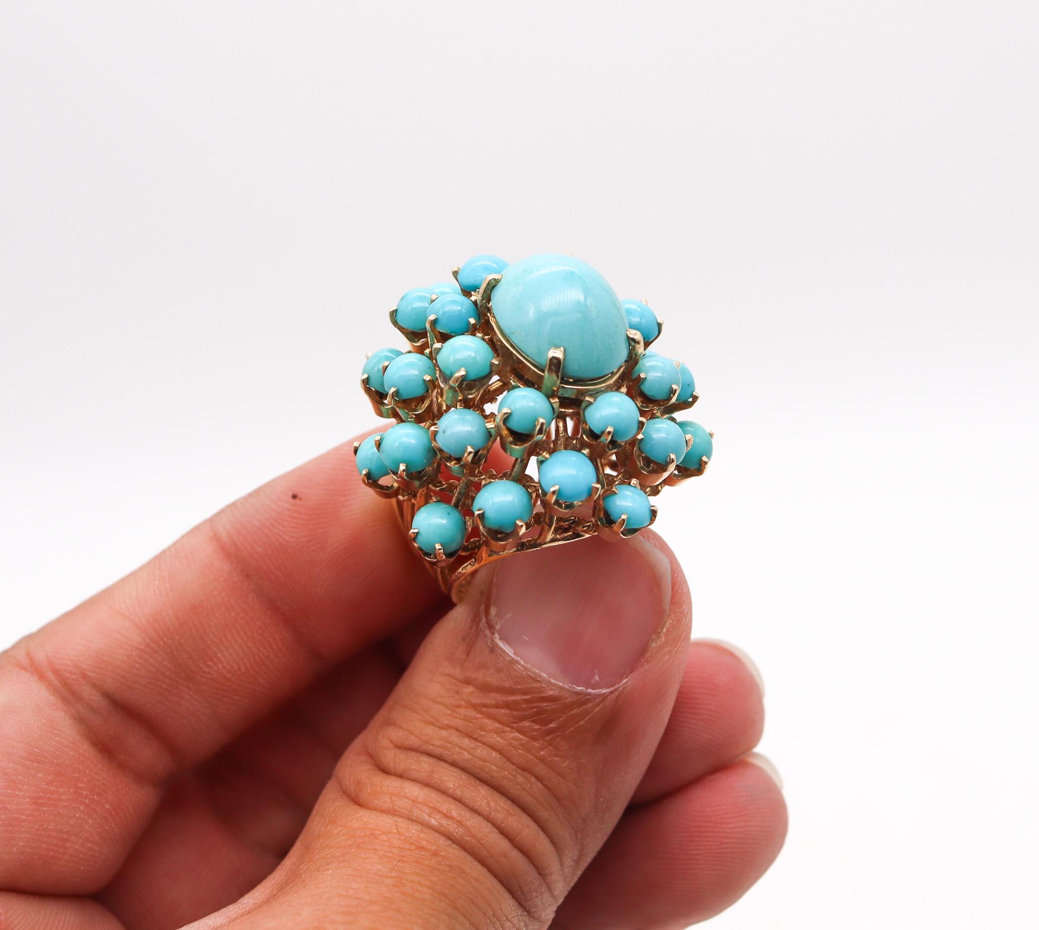 Mid Century 1960 Modernist Cluster Ring In 14Kt Gold With 25.56 Ctw In Turquoise For Sale 1