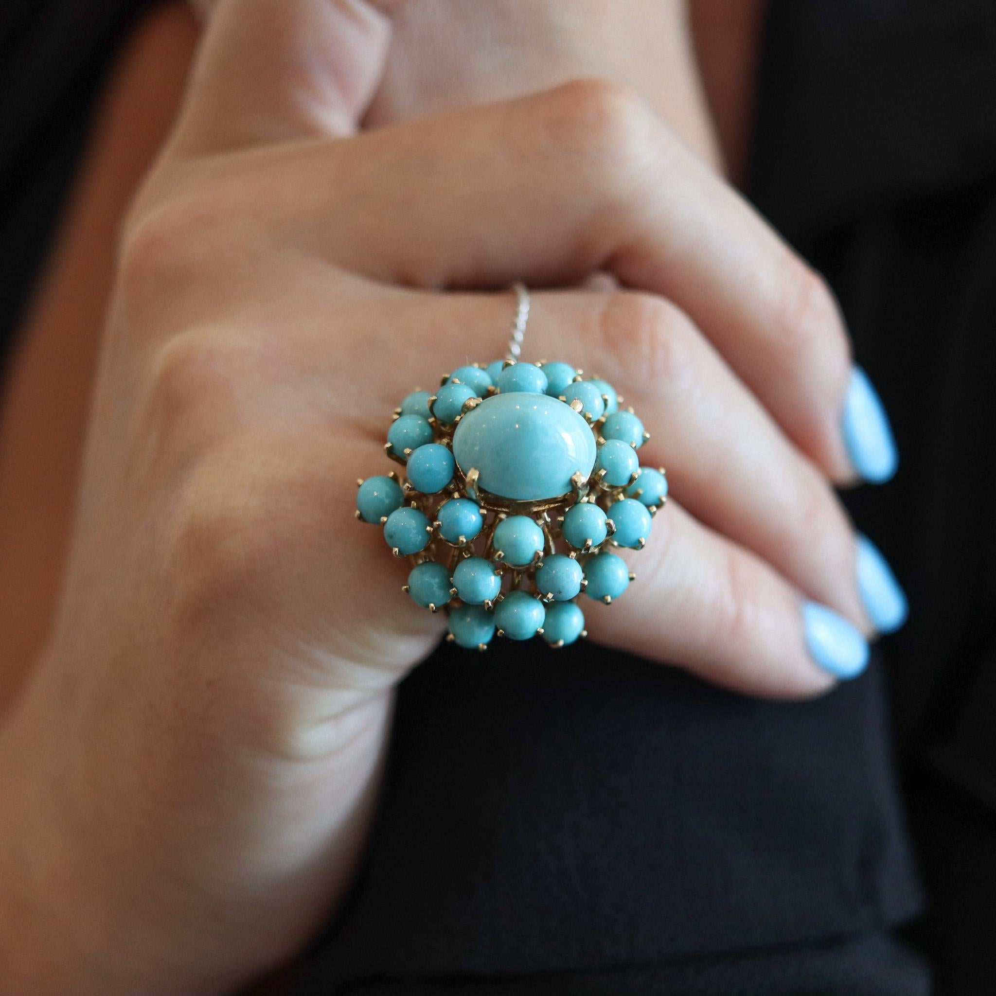 Mid Century 1960 Modernist Cluster Ring In 14Kt Gold With 25.56 Ctw In Turquoise For Sale 3