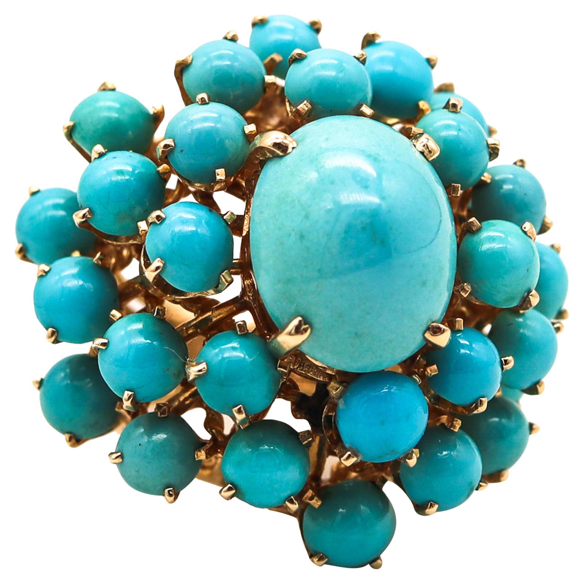 Mid Century 1960 Modernist Cluster Ring In 14Kt Gold With 25.56 Ctw In Turquoise For Sale