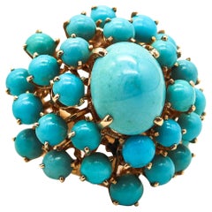 Vintage Mid Century 1960 Modernist Cluster Ring In 14Kt Gold With 25.56 Ctw In Turquoise