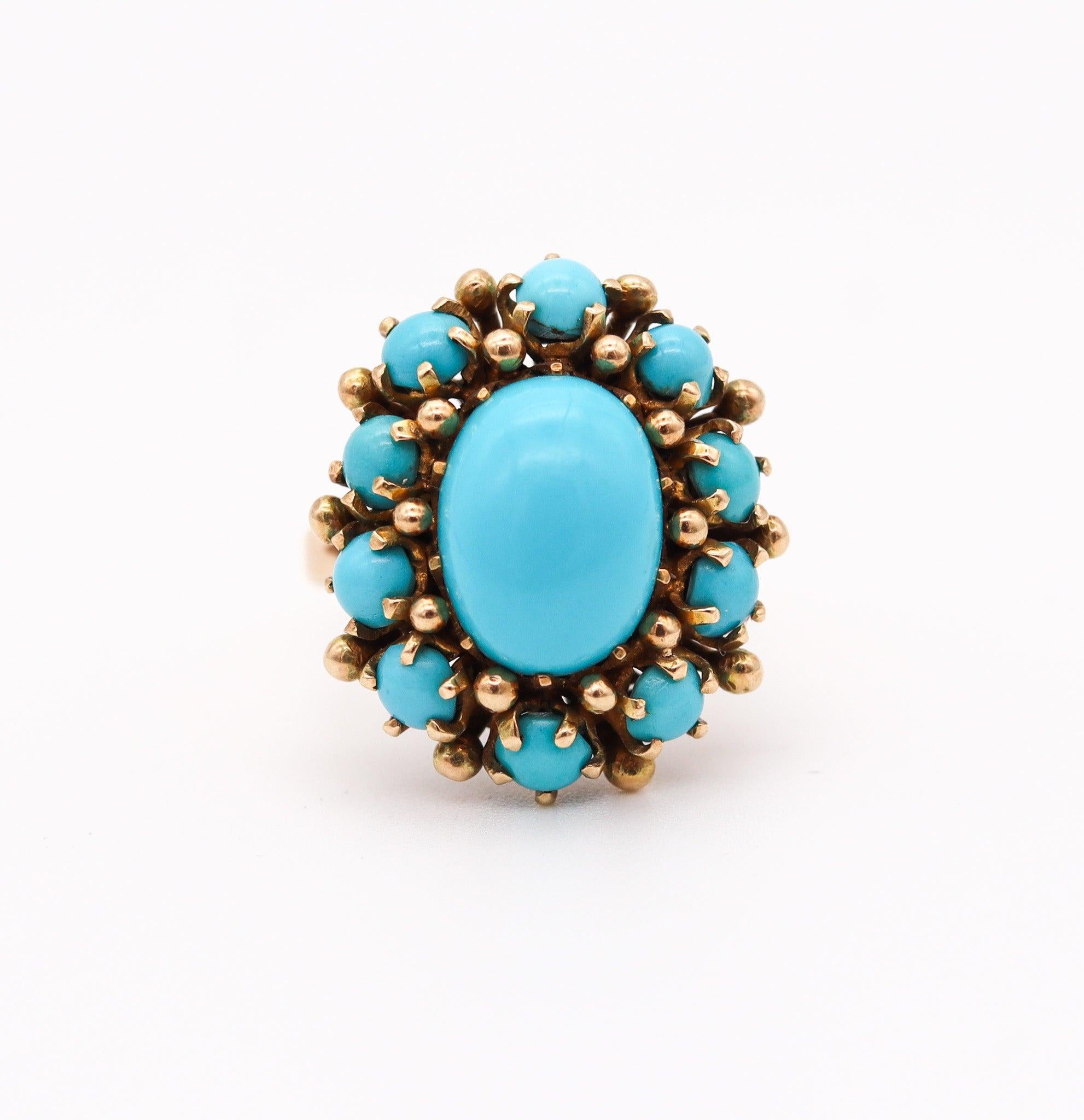 Cabochon MID CENTURY 1960 Modernist Cluster Ring In 14Kt Yellow Gold With Turquoises