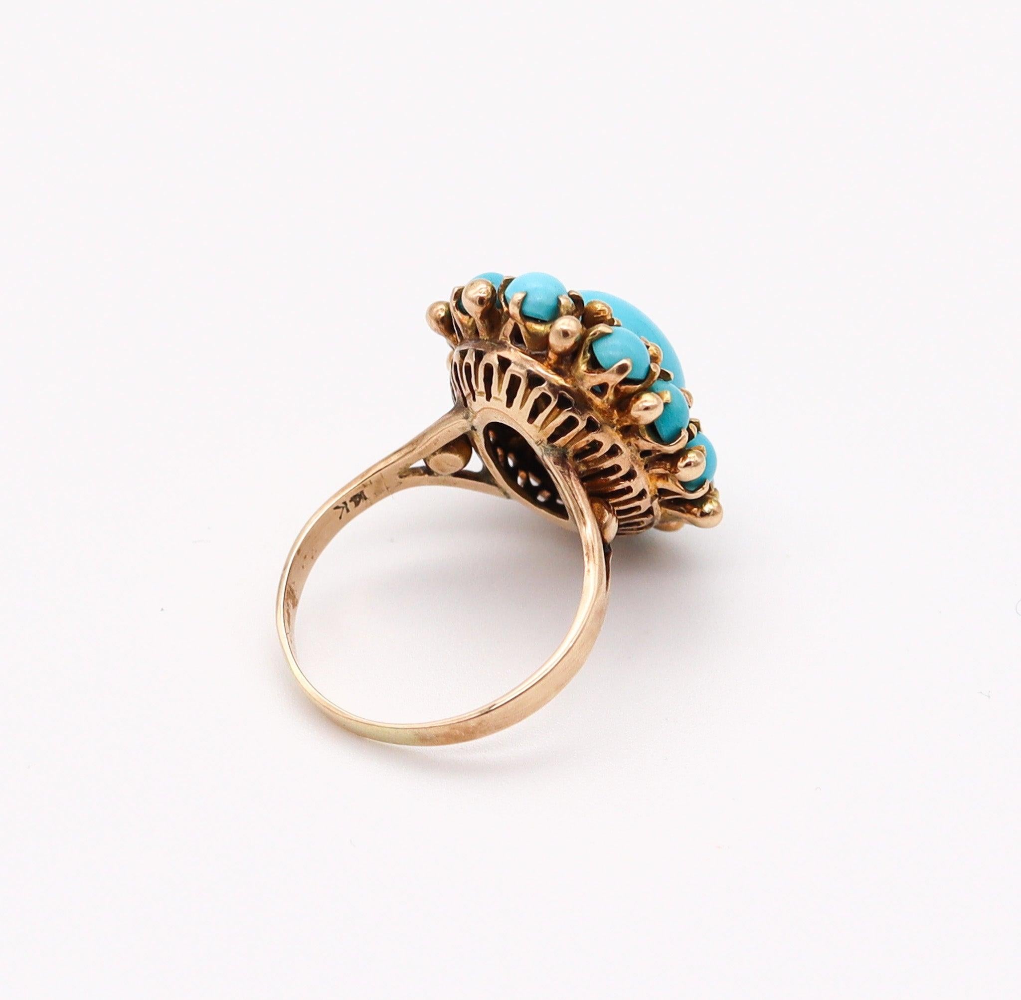 MID CENTURY 1960 Modernist Cluster Ring In 14Kt Yellow Gold With Turquoises 1