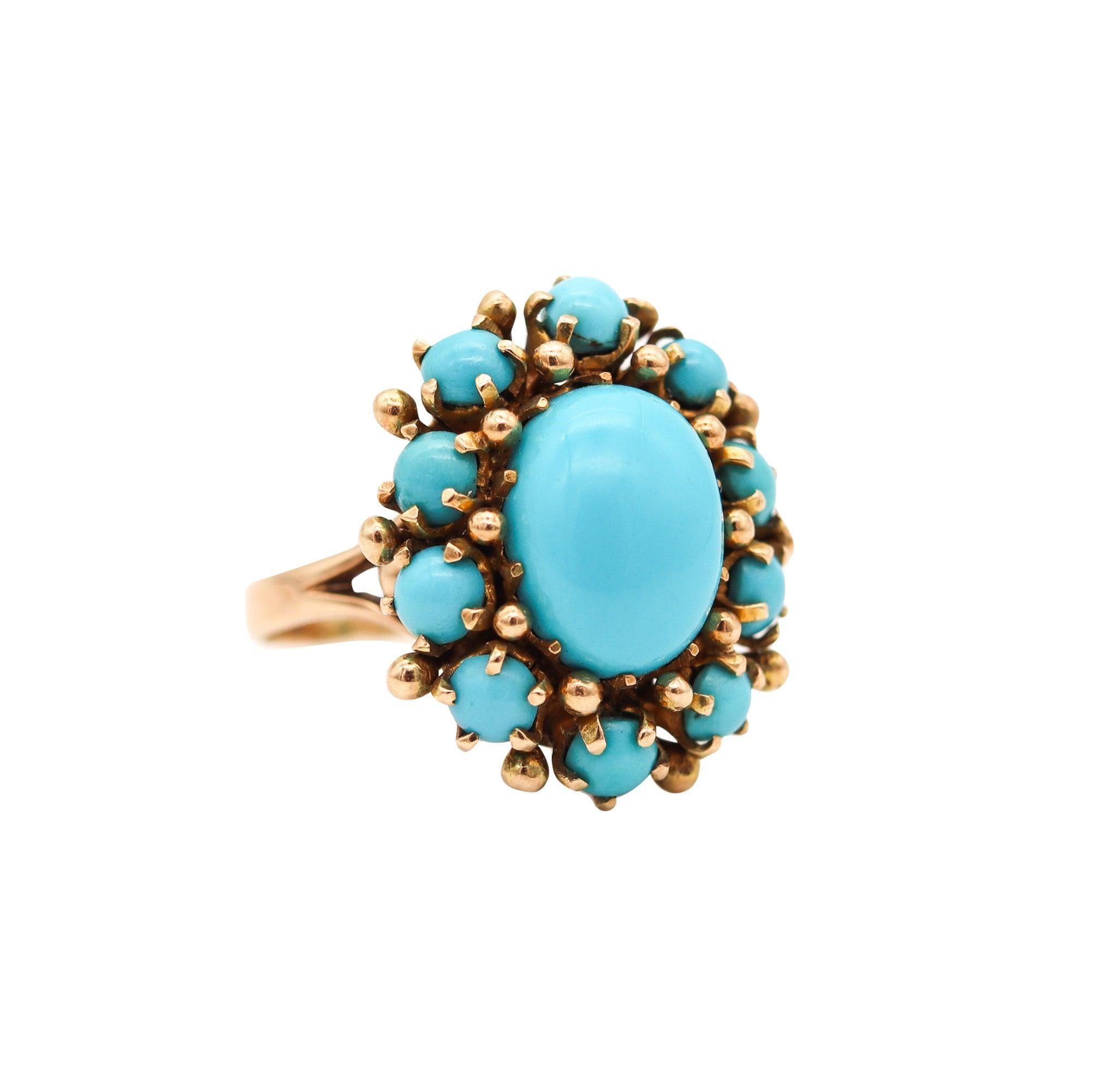 MID CENTURY 1960 Modernist Cluster Ring In 14Kt Yellow Gold With Turquoises 2