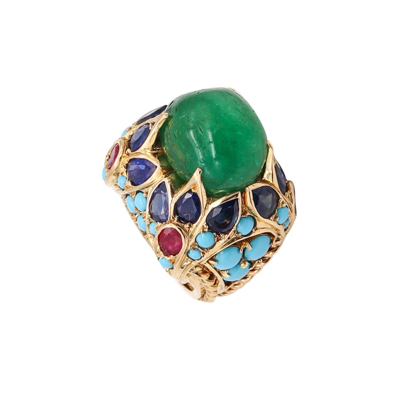 Mid Century 1960 Mughal Tutti Frutti Cocktail Ring 18Kt Gold with 33.68 Cts Gems For Sale 2
