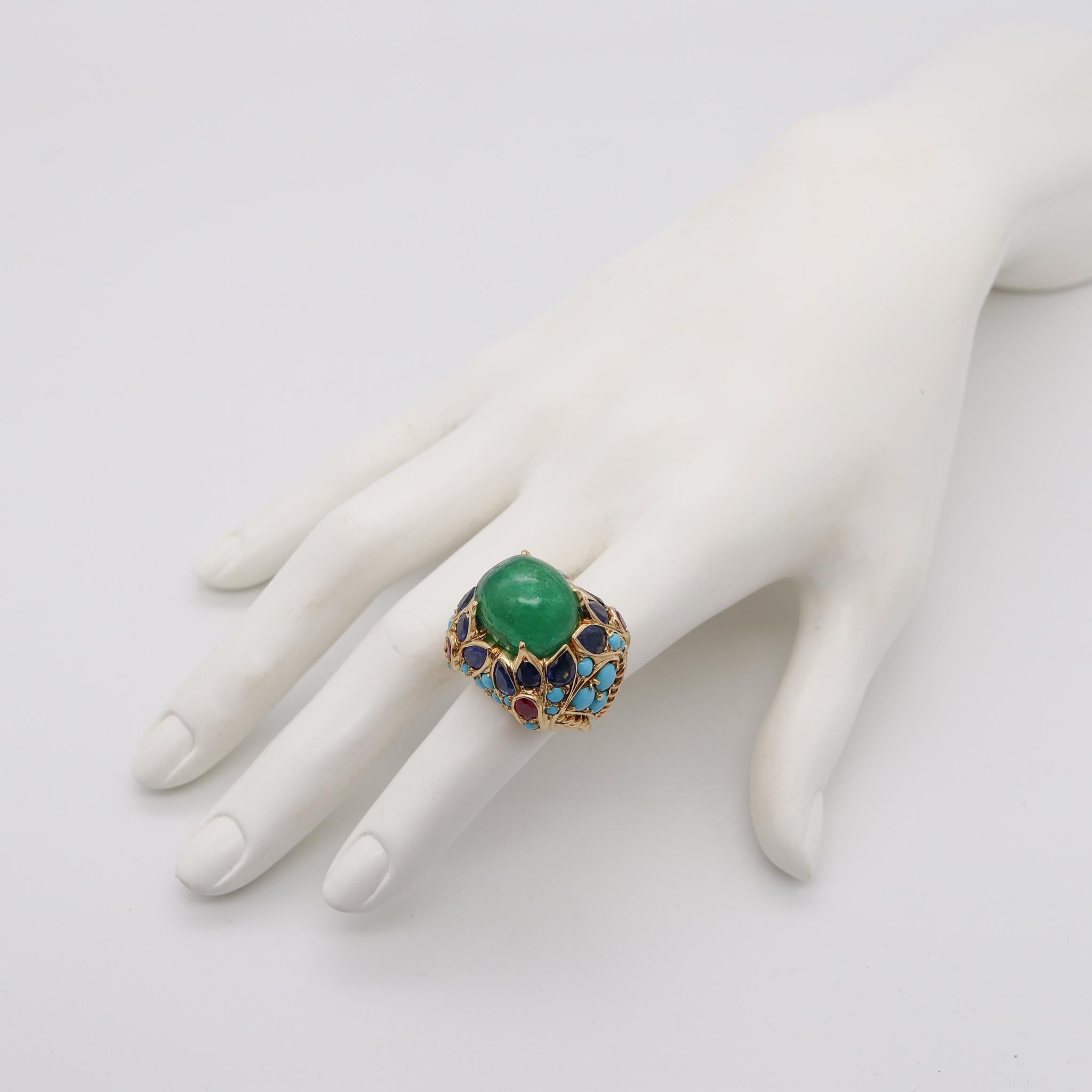 Tutti-Frutti gem set cocktail ring.

Fabulous domed colorful piece, created in Italy with the popular Mughal tutti-frutti patterns, back in the 1960's. This gorgeous oversized cocktail ring has been carefully crafted in solid yellow gold of 18
