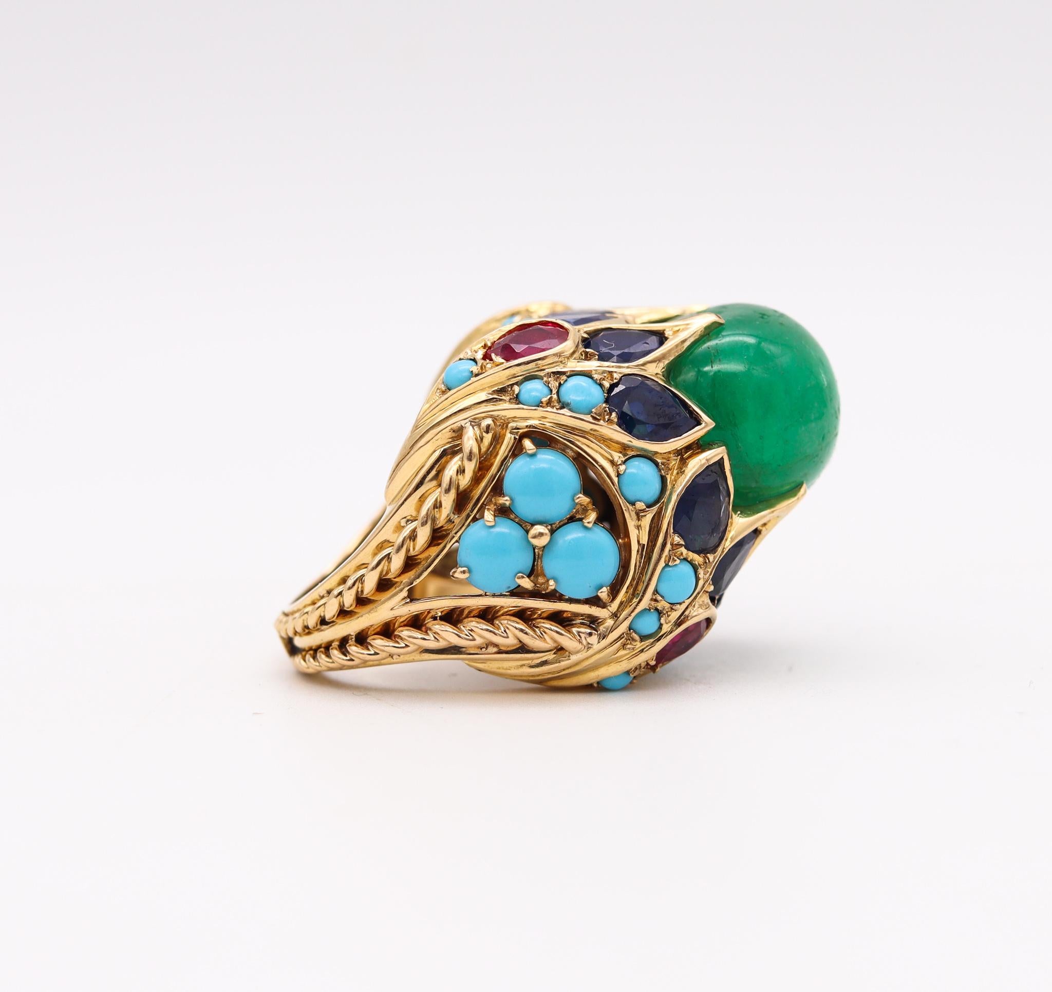 Cabochon Mid Century 1960 Mughal Tutti Frutti Cocktail Ring 18Kt Gold with 33.68 Cts Gems For Sale