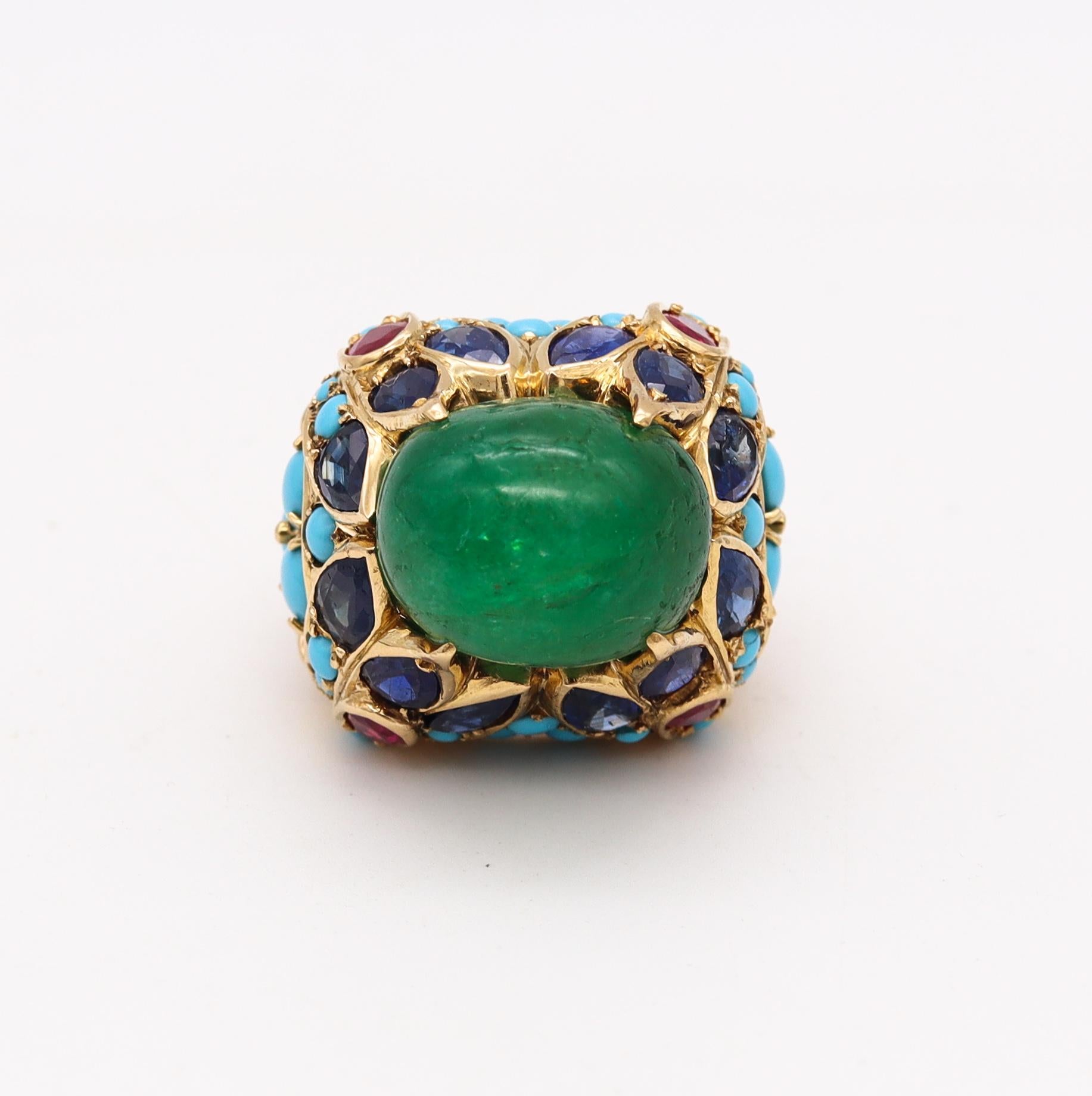 Mid Century 1960 Mughal Tutti Frutti Cocktail Ring 18Kt Gold with 33.68 Cts Gems In Excellent Condition In Miami, FL
