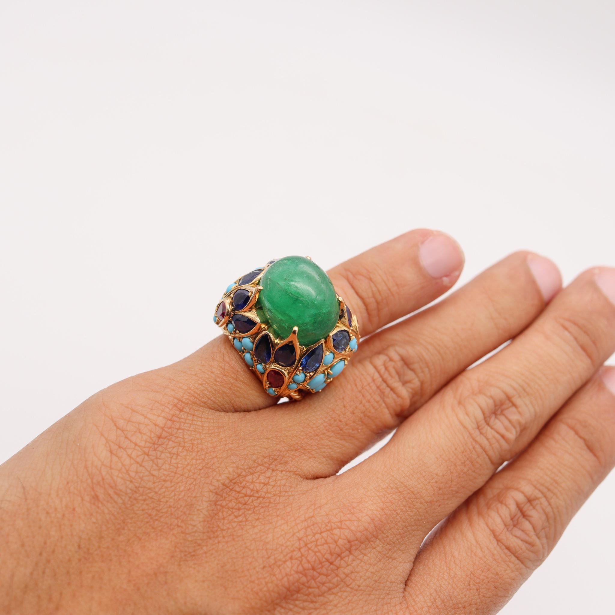 Women's or Men's Mid Century 1960 Mughal Tutti Frutti Cocktail Ring 18Kt Gold with 33.68 Cts Gems For Sale