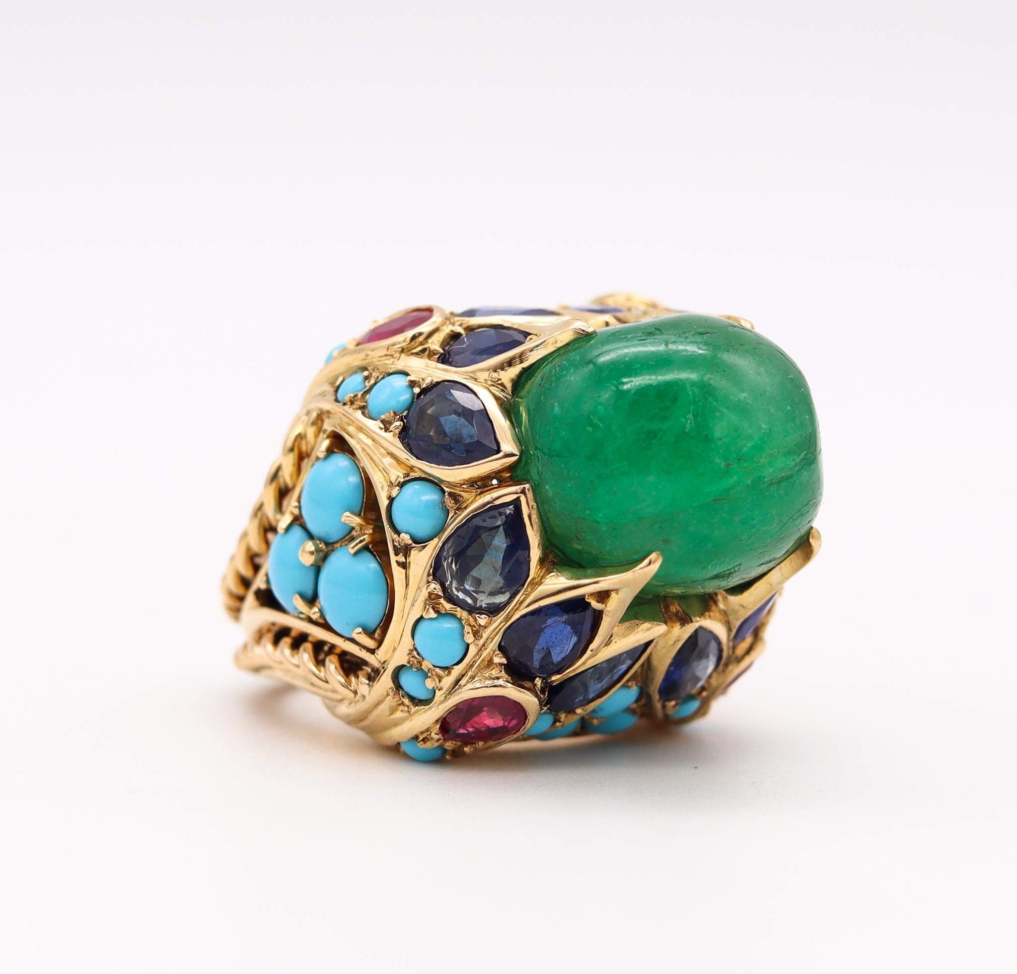 Mid Century 1960 Mughal Tutti Frutti Cocktail Ring 18Kt Gold with 33.68 Cts Gems For Sale 1