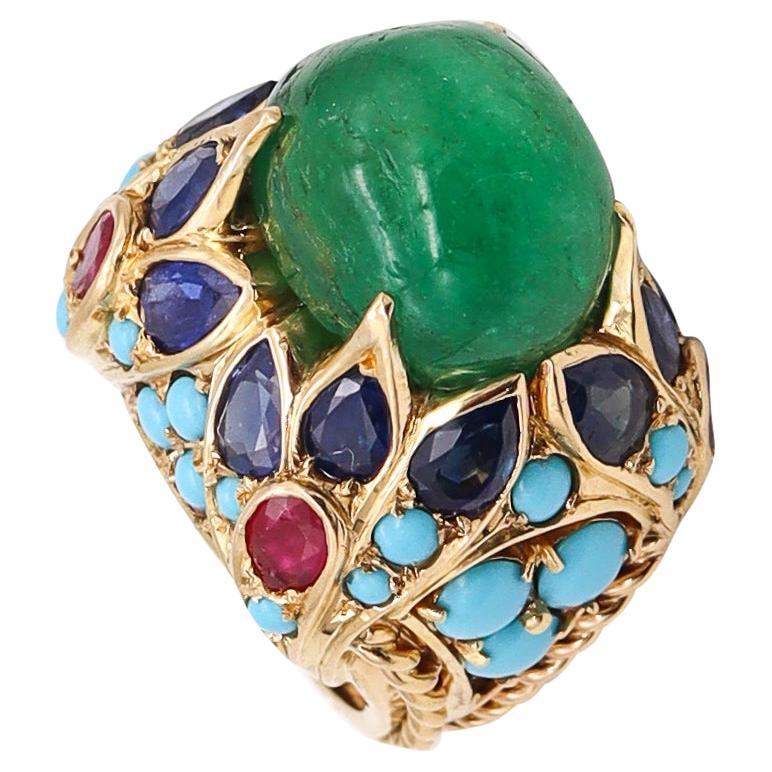 Mid Century 1960 Mughal Tutti Frutti Cocktail Ring 18Kt Gold with 33.68 Cts Gems For Sale