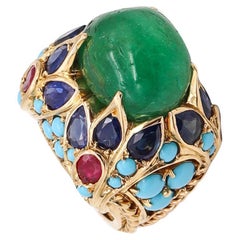 Mid Century 1960 Mughal Tutti Frutti Cocktail Ring 18Kt Gold with 33.68 Cts Gems