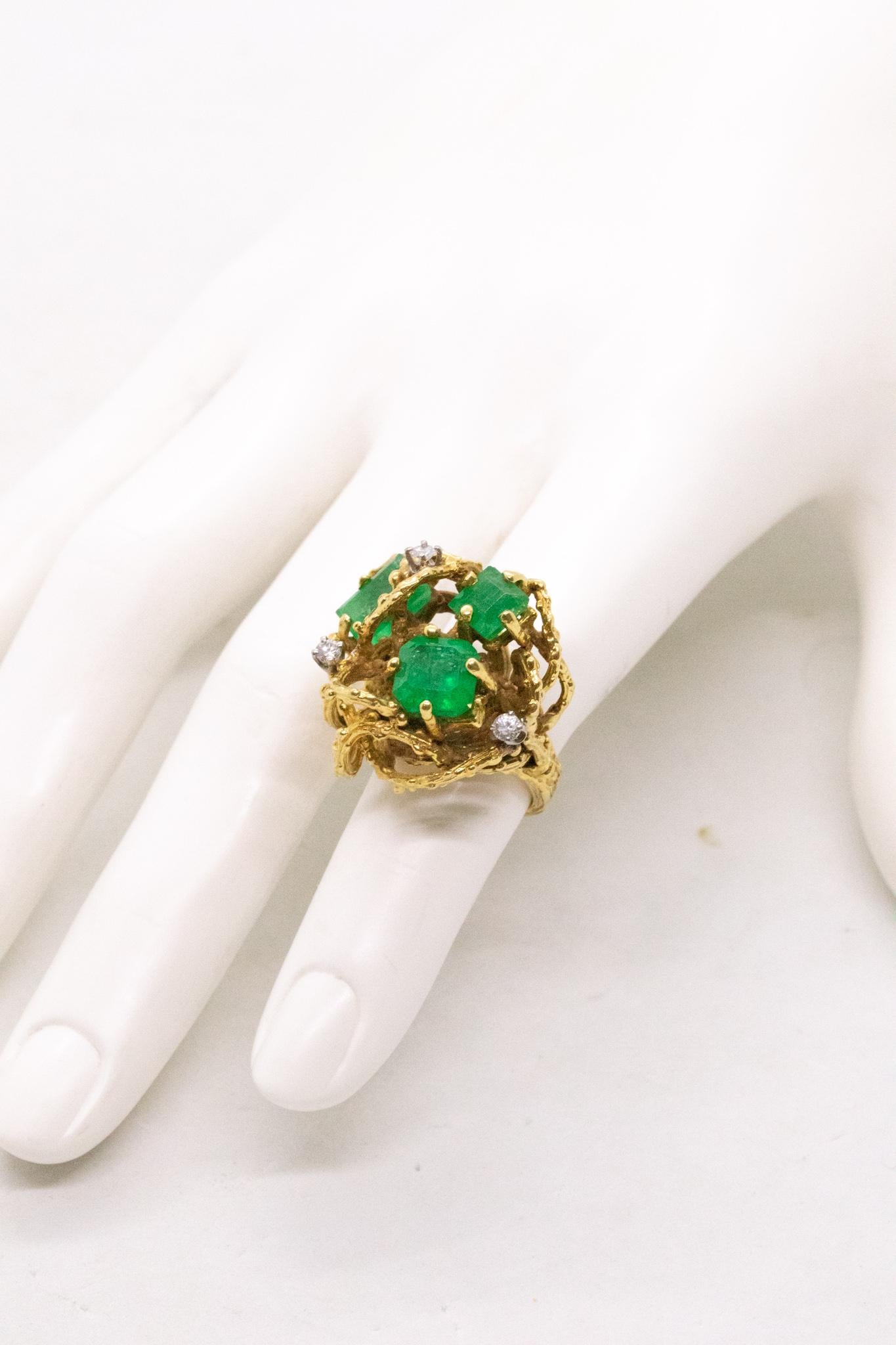 Mixed Cut Mid Century 1960 Retro Organic Ring In 18Kt Yellow Gold 5.05 Cts Emerald Diamond