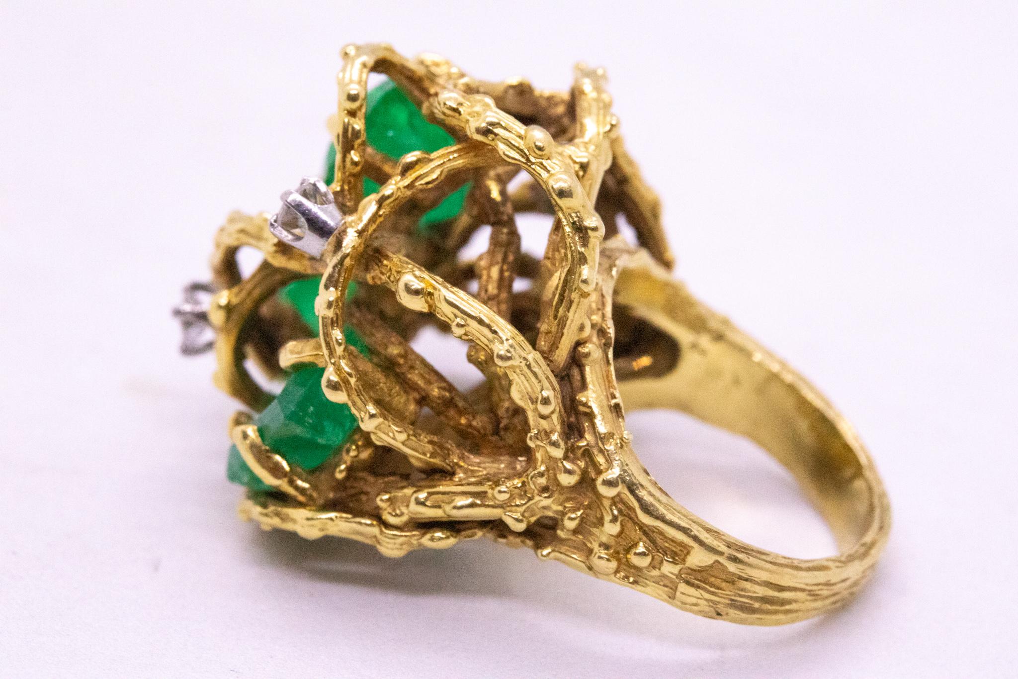 Mid Century 1960 Retro Organic Ring In 18Kt Yellow Gold 5.05 Cts Emerald Diamond 1