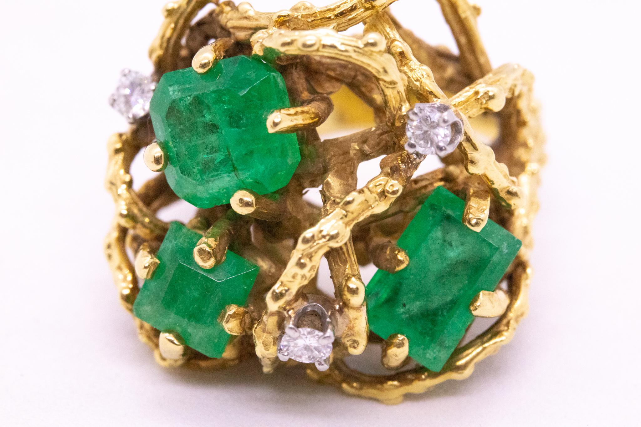 Mid Century 1960 Retro Organic Ring In 18Kt Yellow Gold 5.05 Cts Emerald Diamond 2