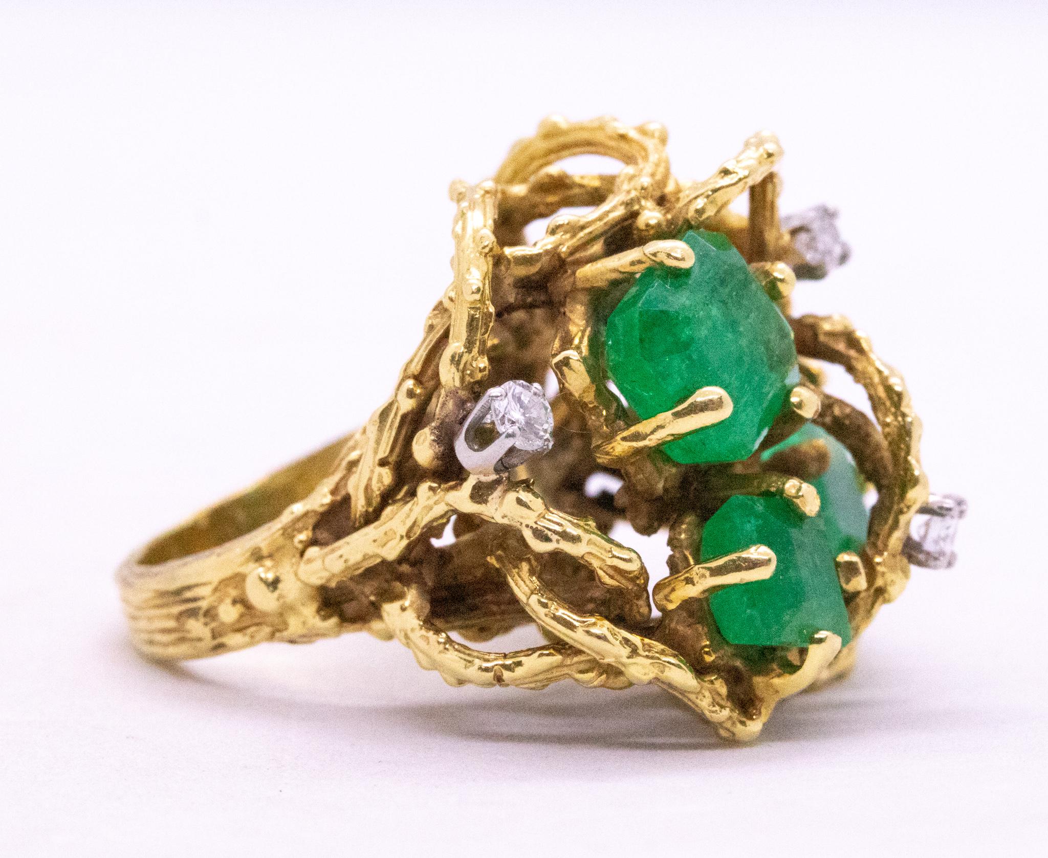 Mid Century 1960 Retro Organic Ring In 18Kt Yellow Gold 5.05 Cts Emerald Diamond 3