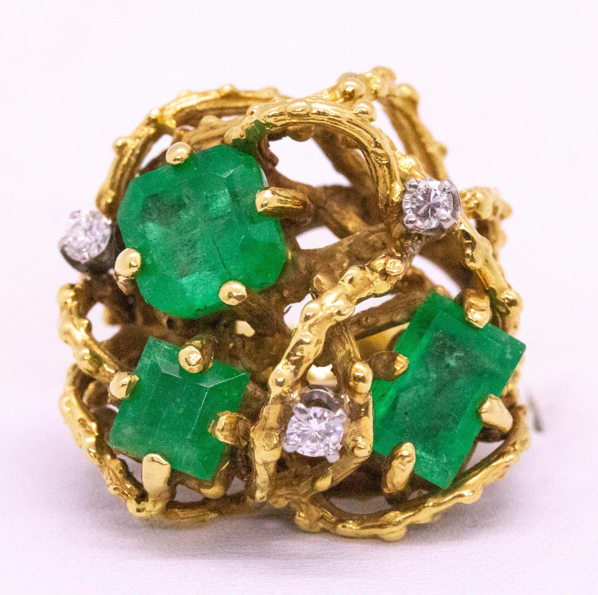 Mid Century 1960 Retro Organic Ring In 18Kt Yellow Gold 5.05 Cts Emerald Diamond 4